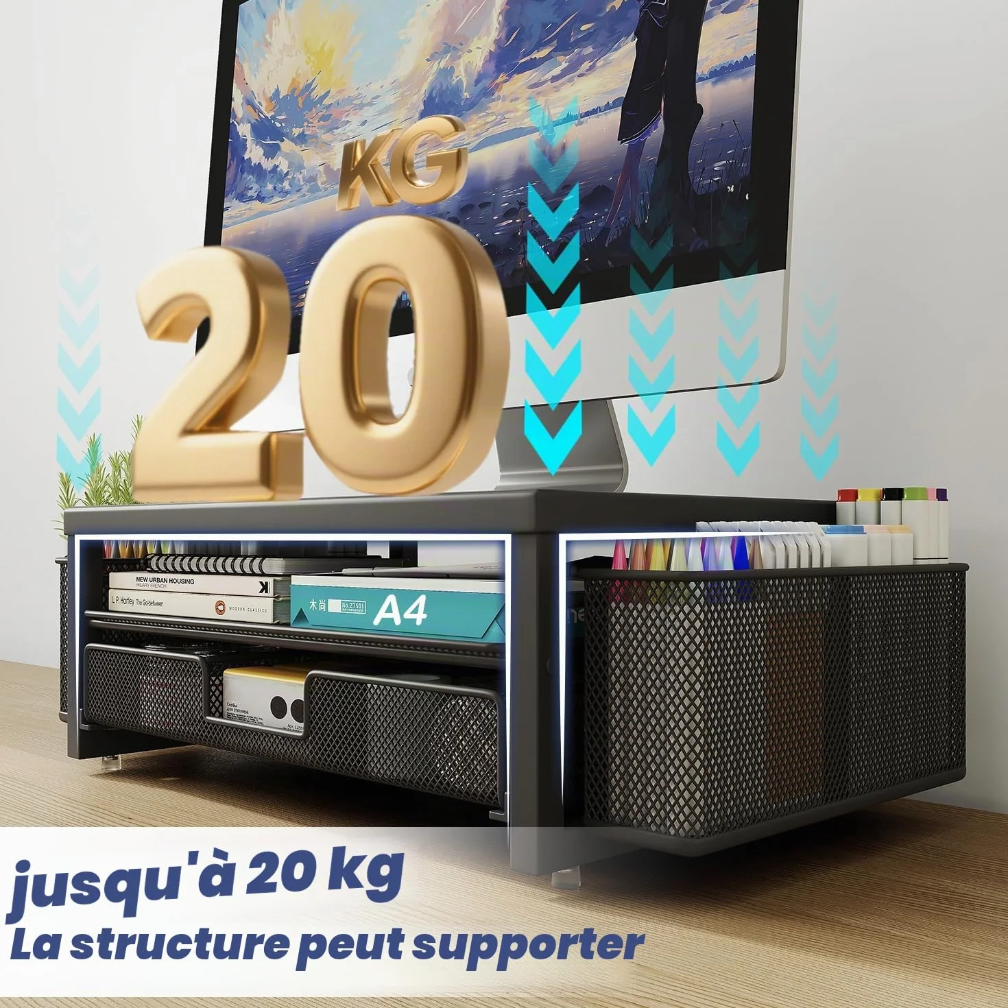 Support Moniteur Bureau avec Tiroir, Métal Rehausseur Écran PC, Organisateur Bureau Noir