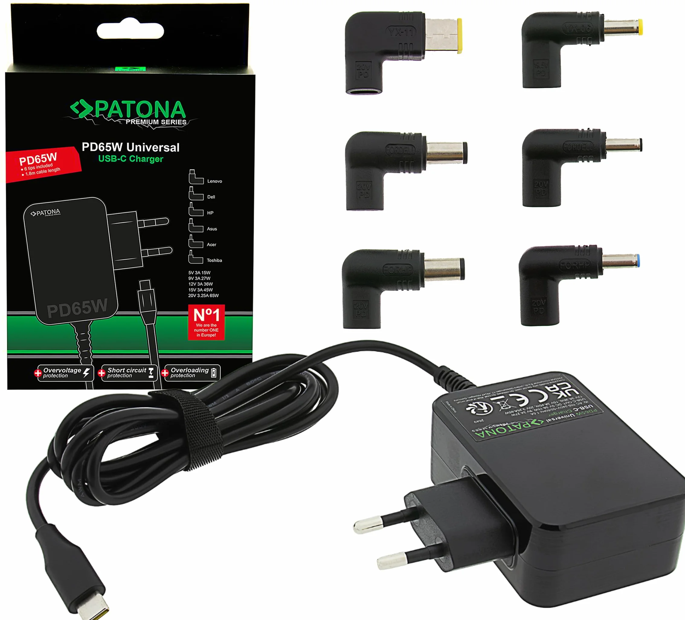 PATONA Adaptateur Secteur PD65W USB-C Power Delivery Chargeur Universel 100-240V Compatible ASUS Lenovo Dell HP