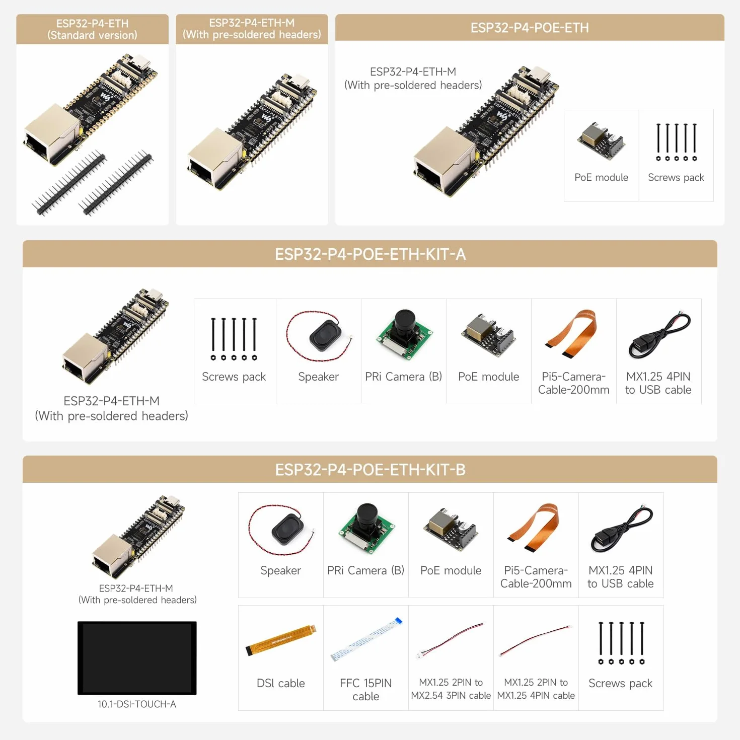 Waveshare ESP32-P4-ETH Development Board, ESP32-P4, 100 Mbps RJ45 Ethernet, PoE Module, 3 Items
