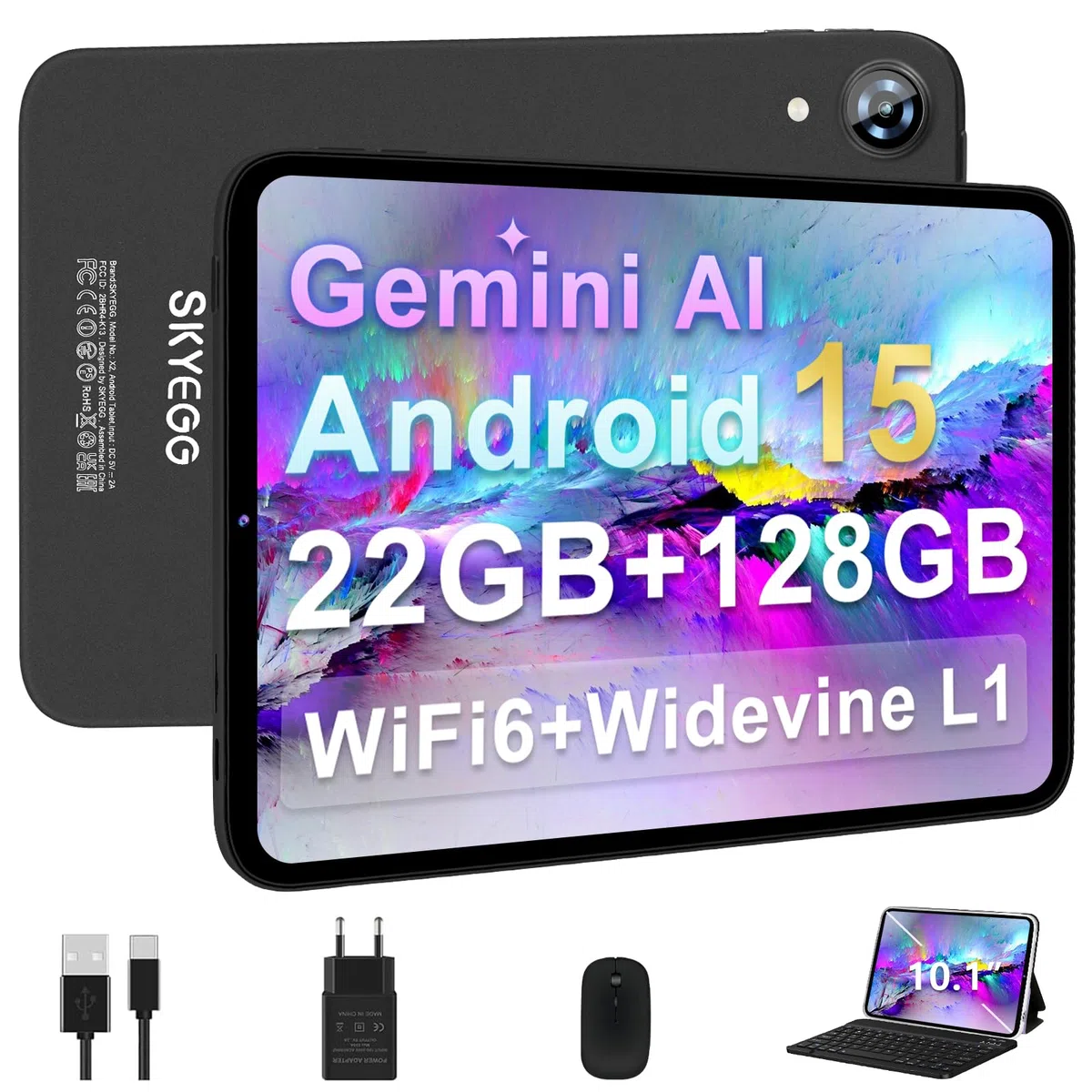 Tablette 10 Pouces Android 15 avec Gemini AI, 22Go RAM+ 128Go ROM(Extension de 2To), Octa-Core, WiFi 6, BT 5.0, Widevine L1, 6000 mAh, Corps métallique, Tablette Tactile avec Clavier et Souris, Gris