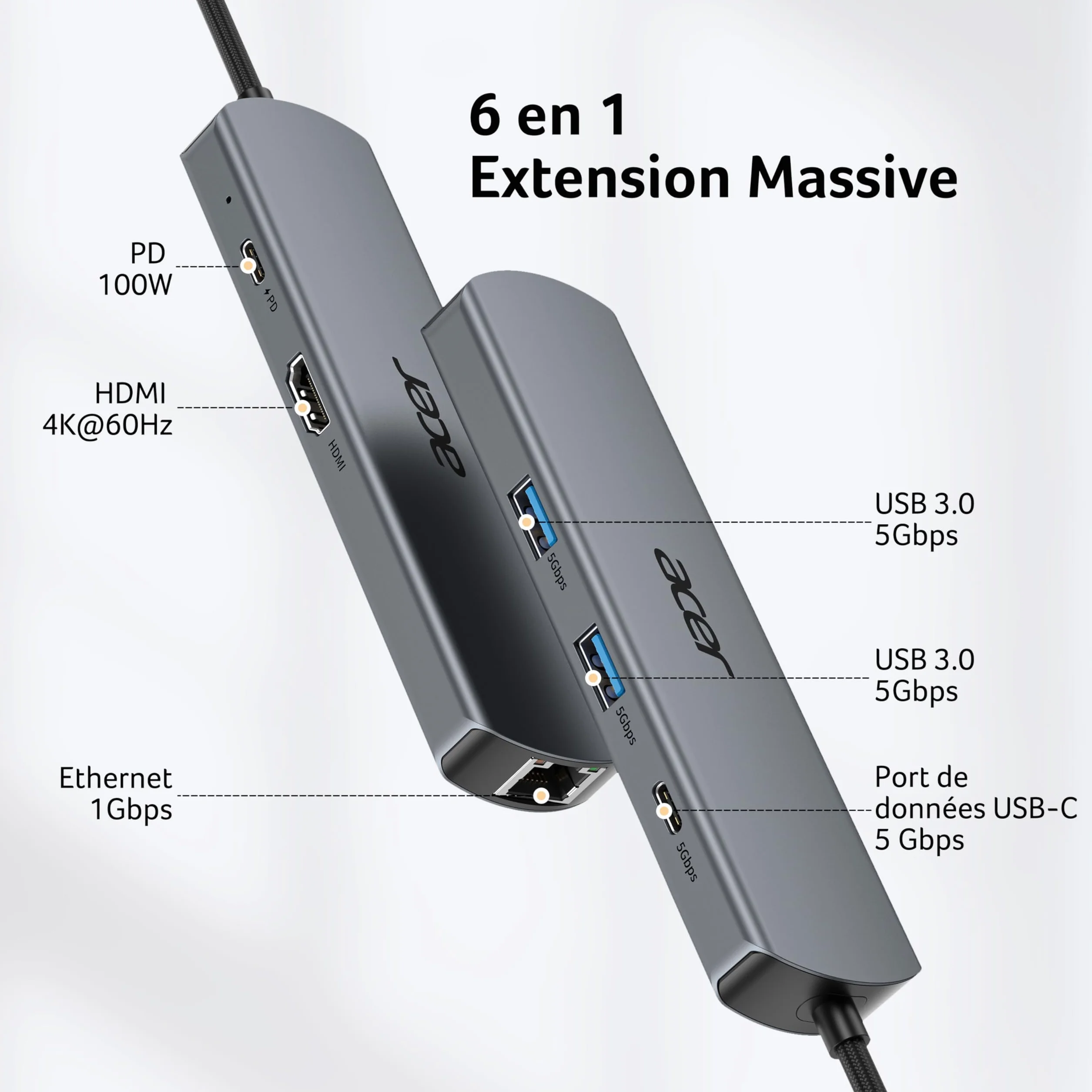 Acer Station d'accueil USB C 6 en 1 avec Ethernet 1Gbps, HDMI 4K@60 Hz, USB-C 100W PD, USB-A 3.0