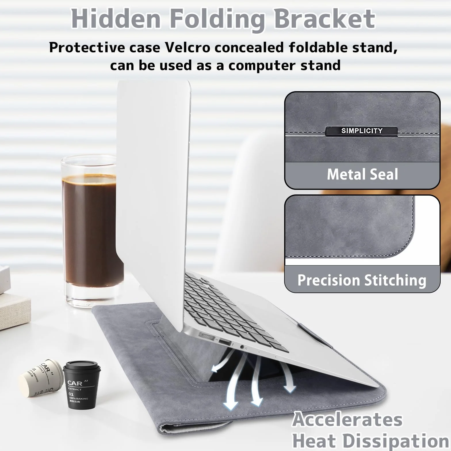 Housse pour Laptop avec Stand 13-14 Pouces PU Cuir pour MacBook Pro 13" 14" M5/M4/M3/M2/M1 Pro/Max, MacBook Air 13" 13,6" M5/M4/M3/M2/M1 - Gris