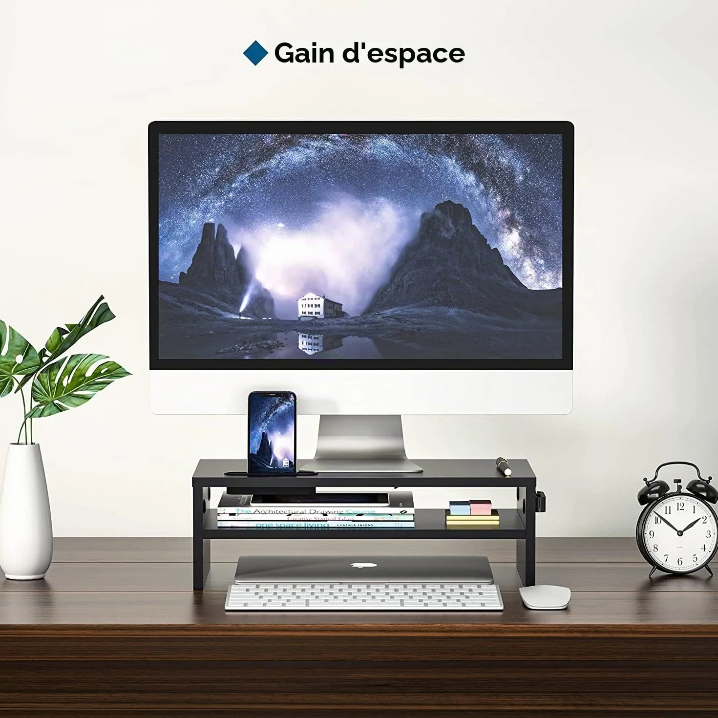 BONTEC Support Ordinateur en Bois Noir 2 Niveaux avec Gestion des Cables et Fente pour Telephone