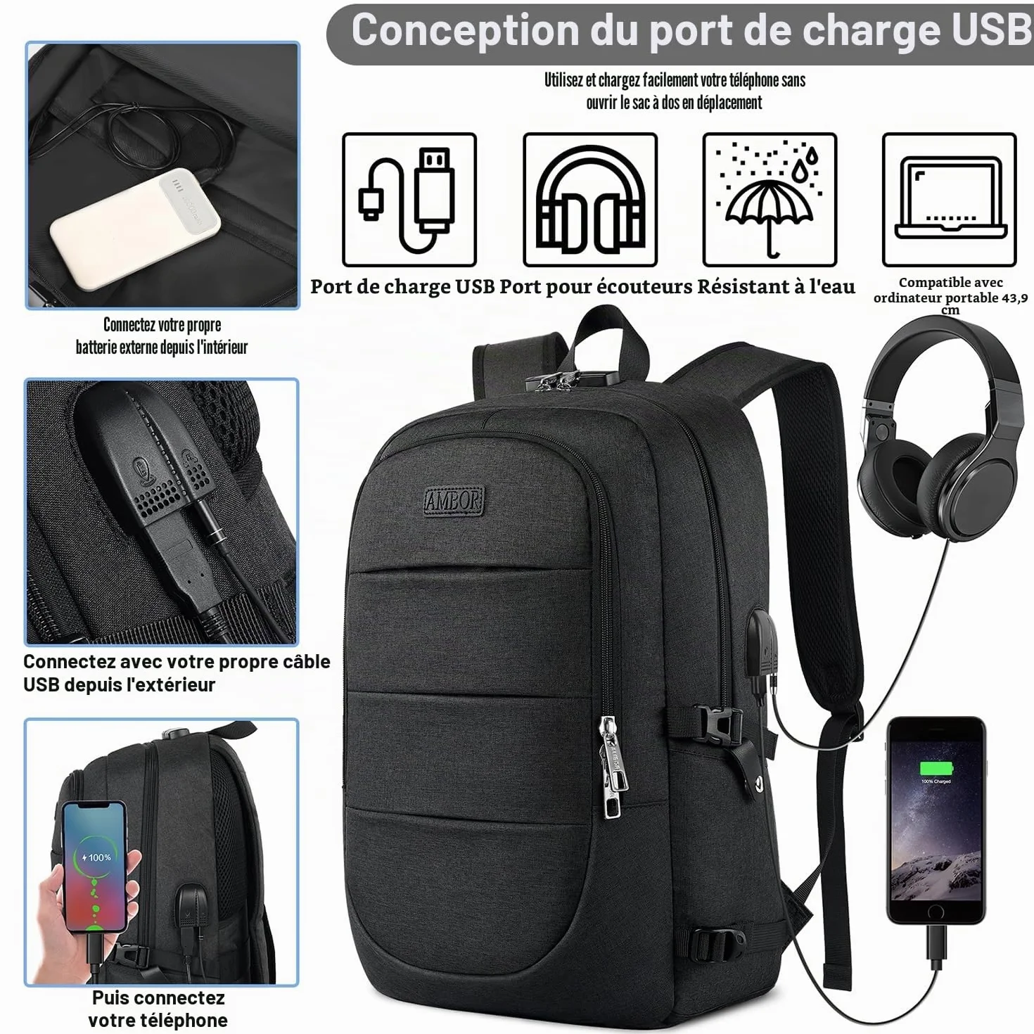 AMBOR Sac à Dos Ordinateur Portable 17.3 Pouces Imperméable avec USB Charging Port Noir