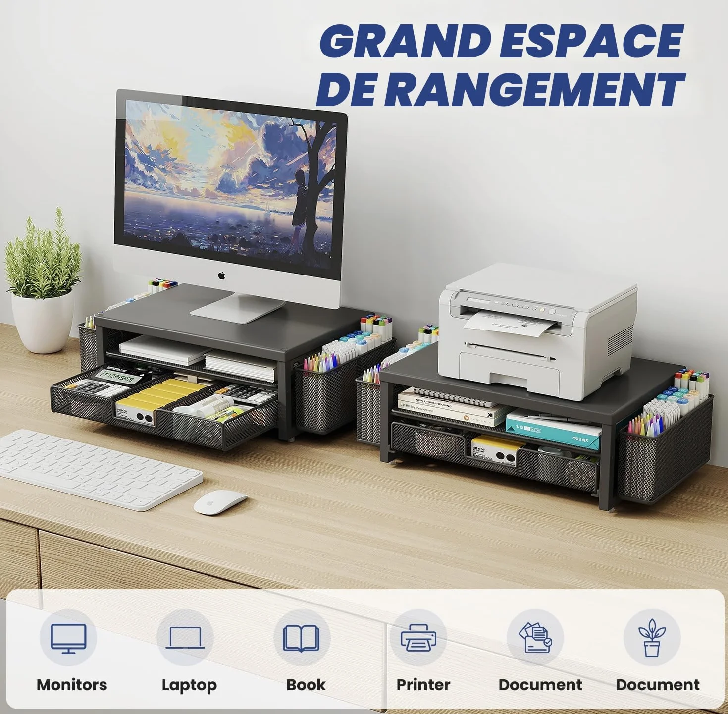 Support Moniteur Bureau avec Tiroir, Métal Rehausseur Écran PC, Organisateur Bureau Noir