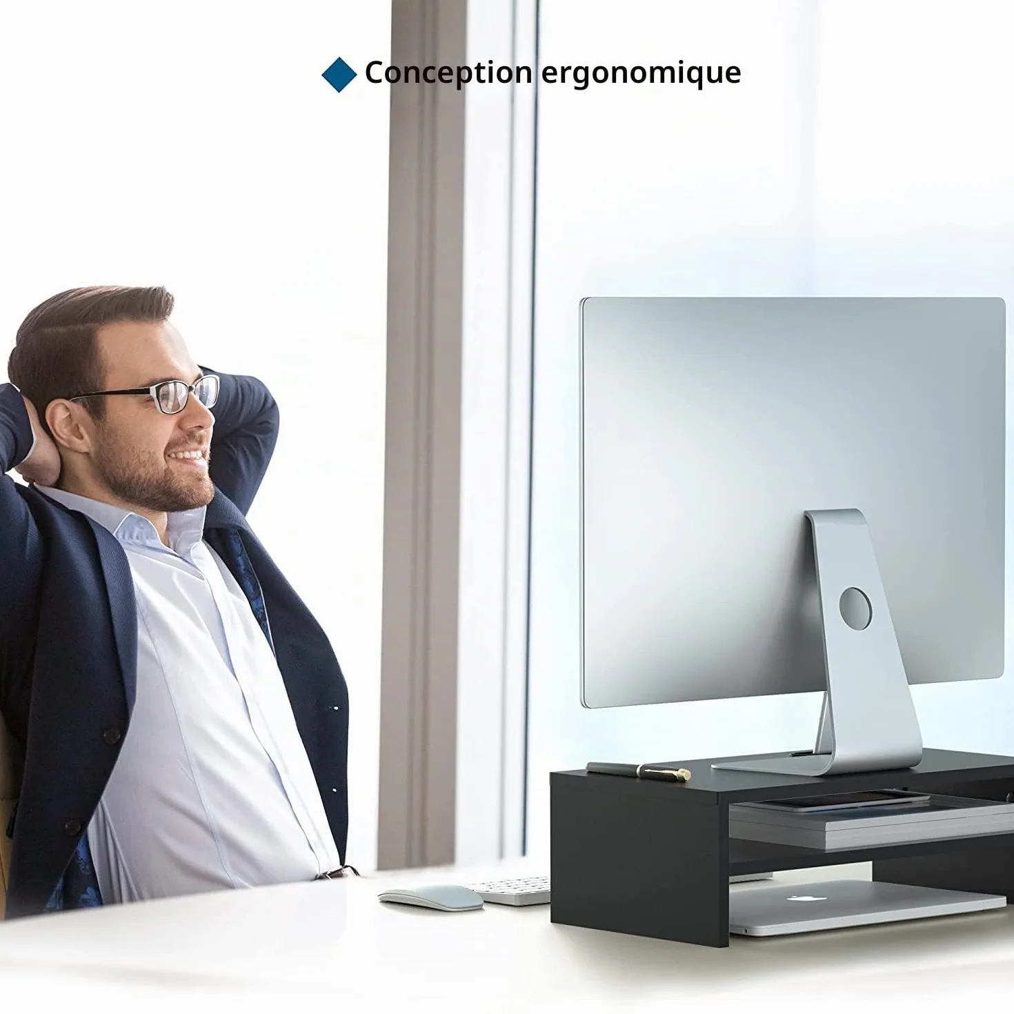 BONTEC Support Ordinateur en Bois Noir 2 Niveaux avec Gestion des Cables et Fente pour Telephone