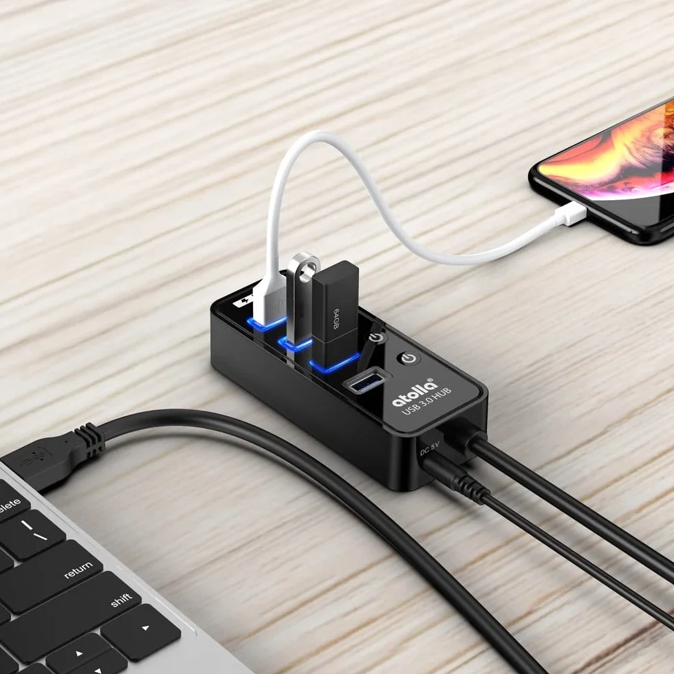 Atolla Hub USB 3.0 4 Ports avec commutateurs Marche/arrêt et Adaptateur d'alimentation