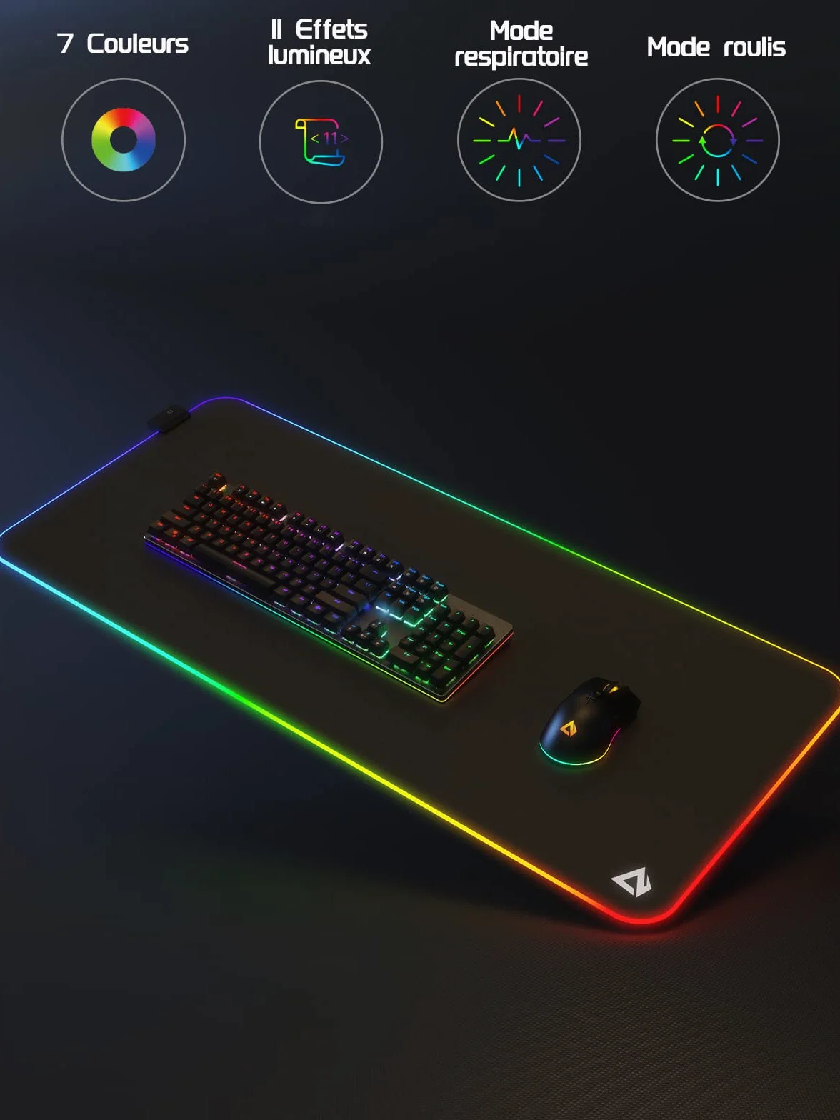 Tapis de Souris de Jeu RGB XXL 900x400x4 mm, 7 Couleurs LED, 11 Modes, Surface Imperméable, Base Antidérapante
