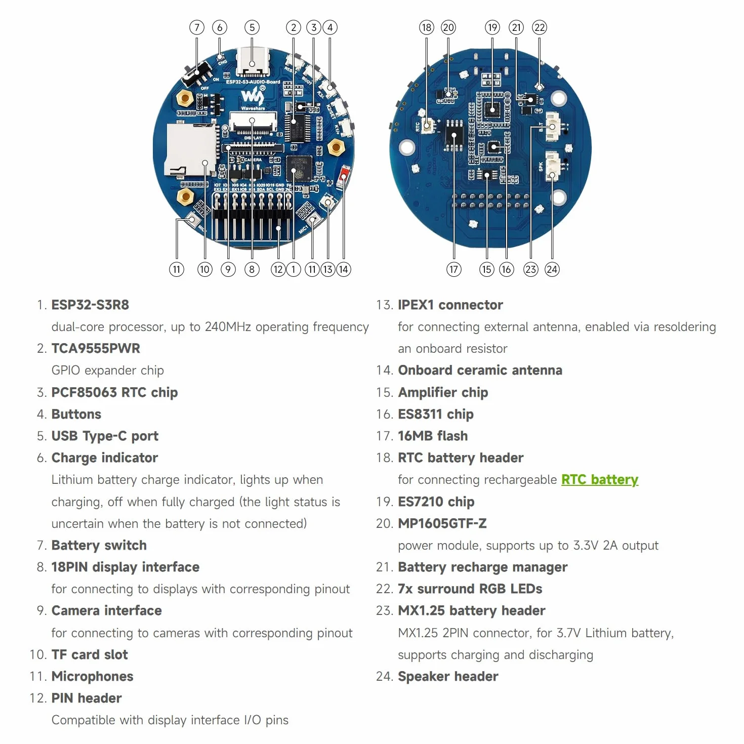 Waveshare ESP32-S3 AI Smart Speaker Development Board, Dual Microphones, Noise Reduction, RGB Lighting