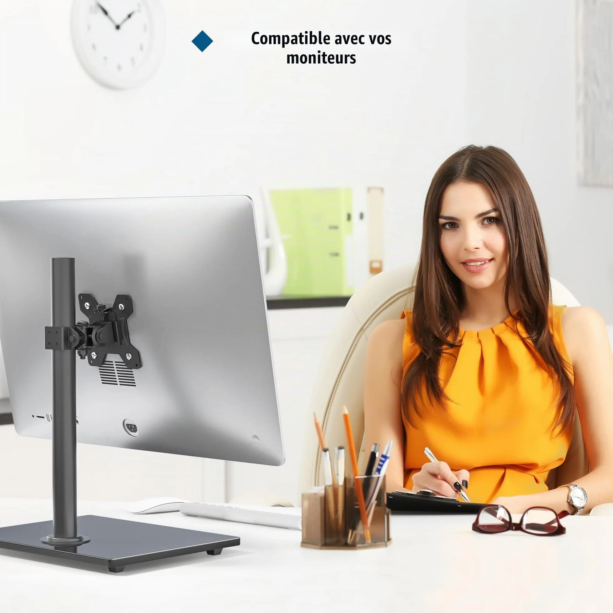 BONTEC Support Écran 13-32 Pouces, Bras Réglable Moniteur Plat/Incurvé, Socle Verre Trempé, Inclinaison ±75°, Pivotement ±80°, Rotation 360°, Max 10kg, VESA 75/100mm