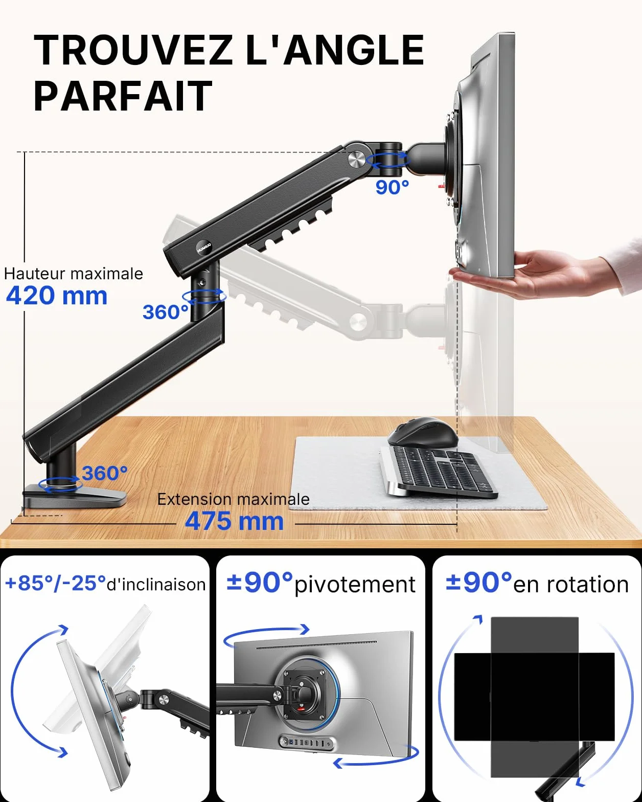 HUANUO Support Ecran PC Bras MechaSpring 13-32" VESA 9 kg Montage Pince C