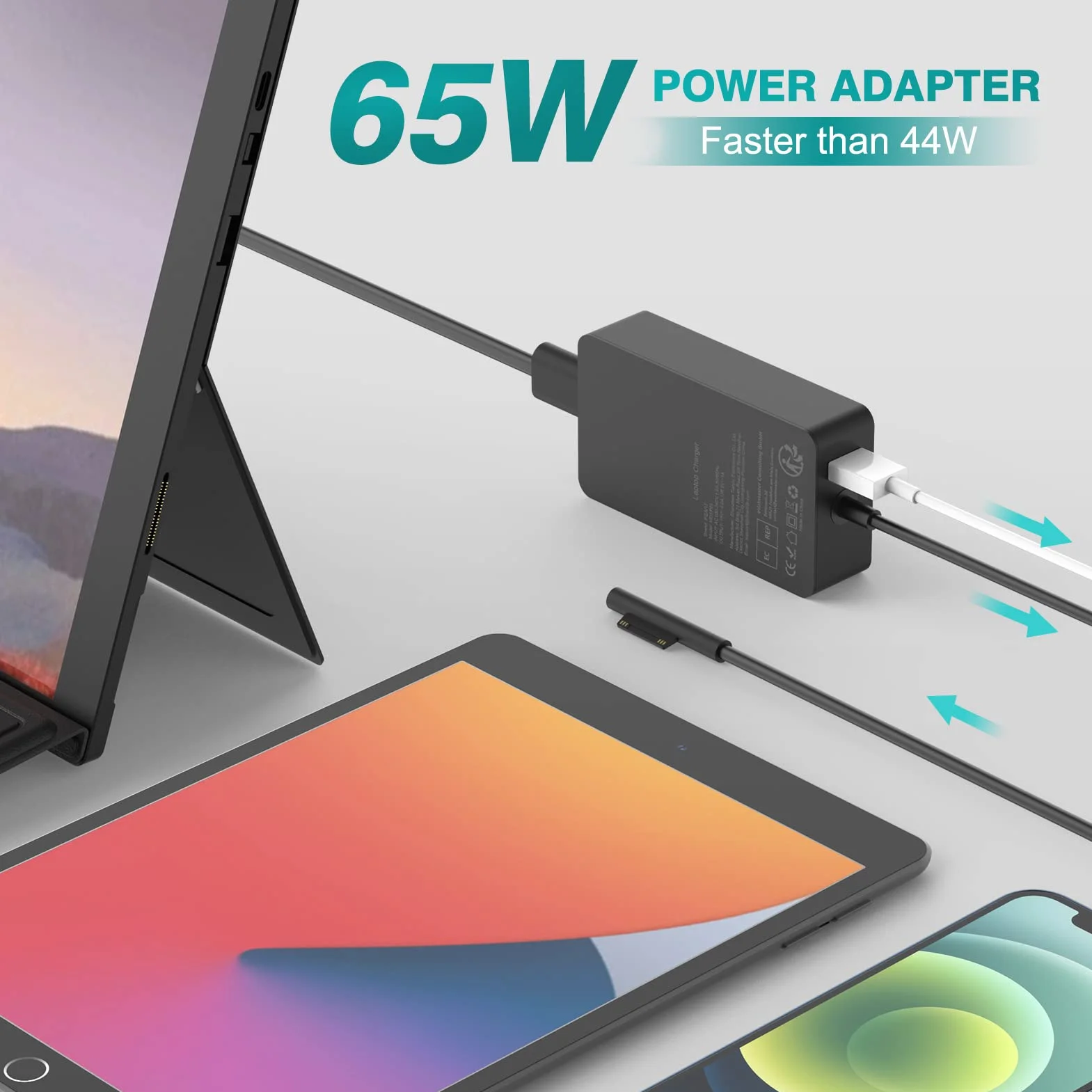 Chargeur Surface Pro 65W 15V 4A Alimentation Microsoft Surface 11/10/9/8/Pro 7/7+/6/5/4/3/X Laptop Go Book
