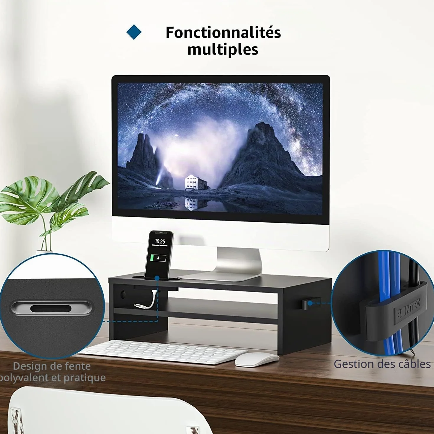 BONTEC Support Ordinateur en Bois Noir 2 Niveaux avec Gestion des Cables et Fente pour Telephone