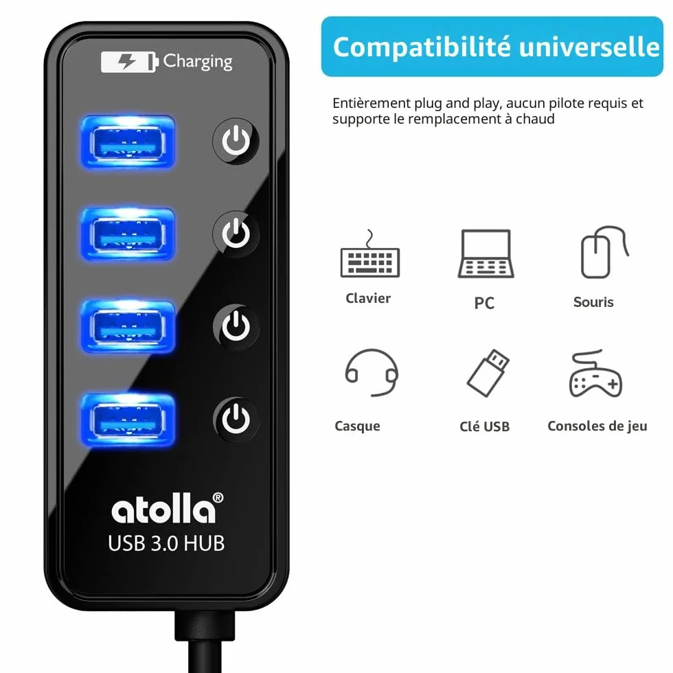 Atolla Hub USB 3.0 4 Ports avec commutateurs Marche/arrêt et Adaptateur d'alimentation