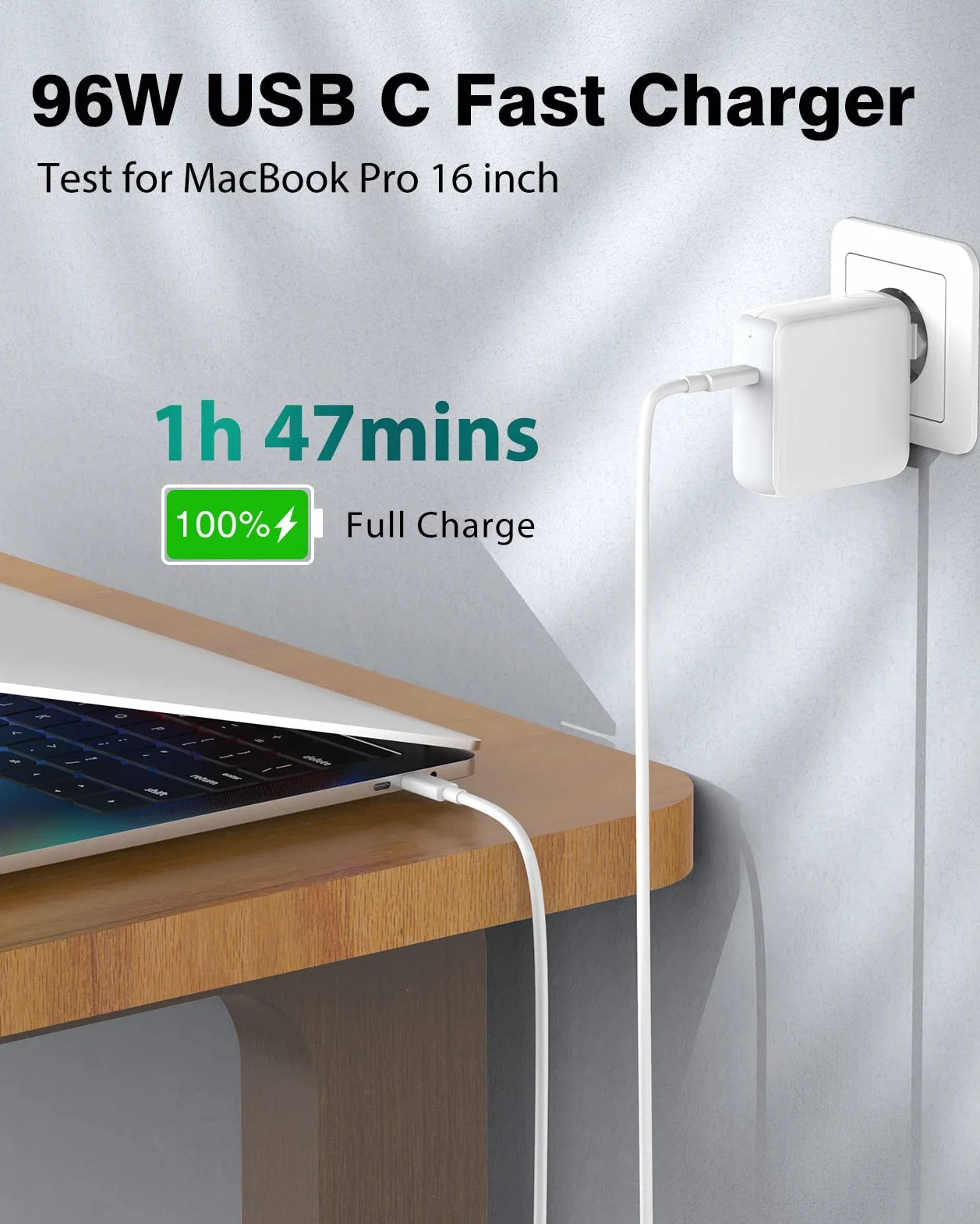 Chargeur MacBook Pro 96W USB C Compatible MacBook Pro 16 15 14 13 Pouces MacBook Air 2020 2019 2018 iPad Alimentation Rapide Câble 5A 100W