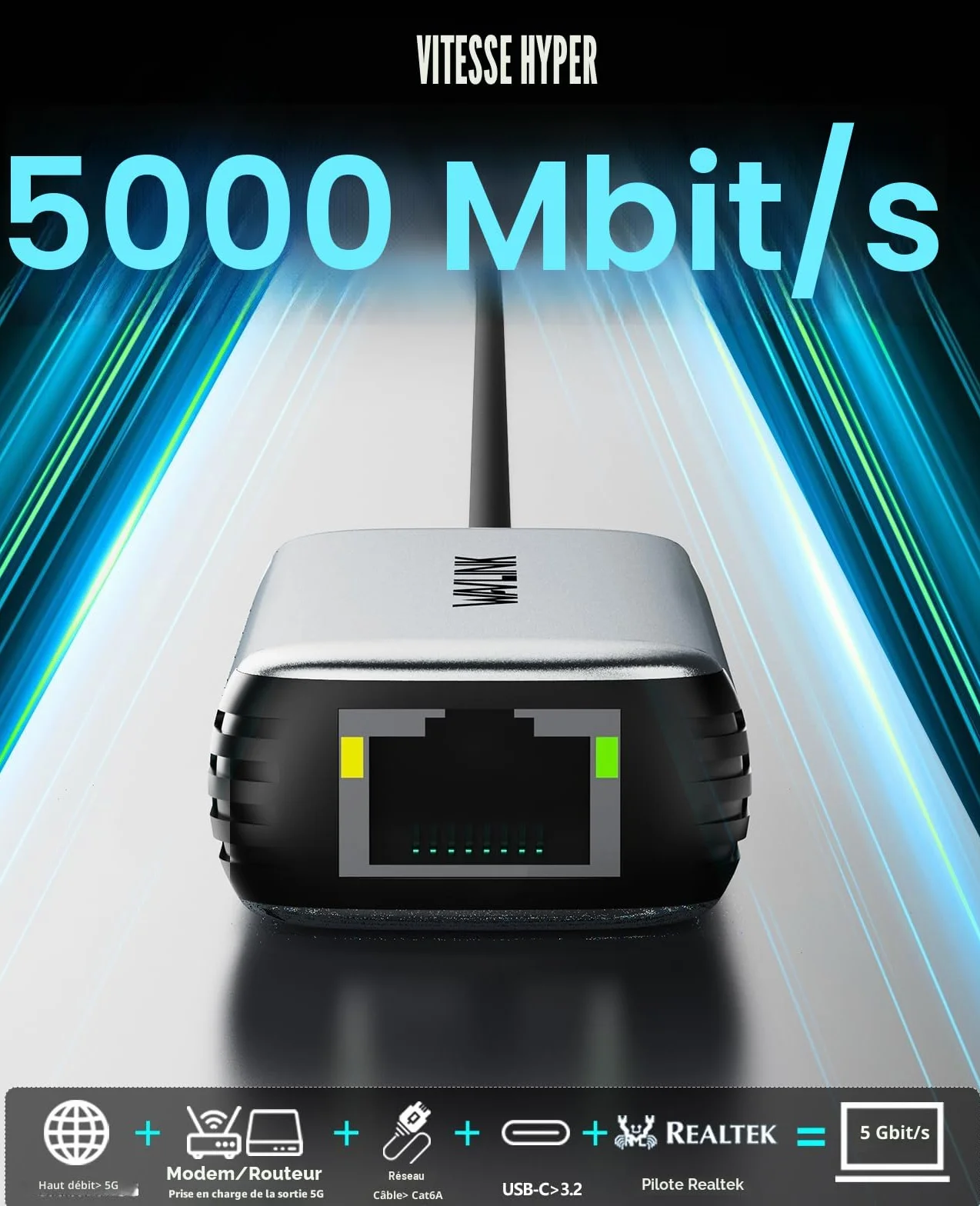 WAVLINK Adaptateur USB C vers Ethernet 5Gbps, Réseau Gigabit RJ45 sans Pilote