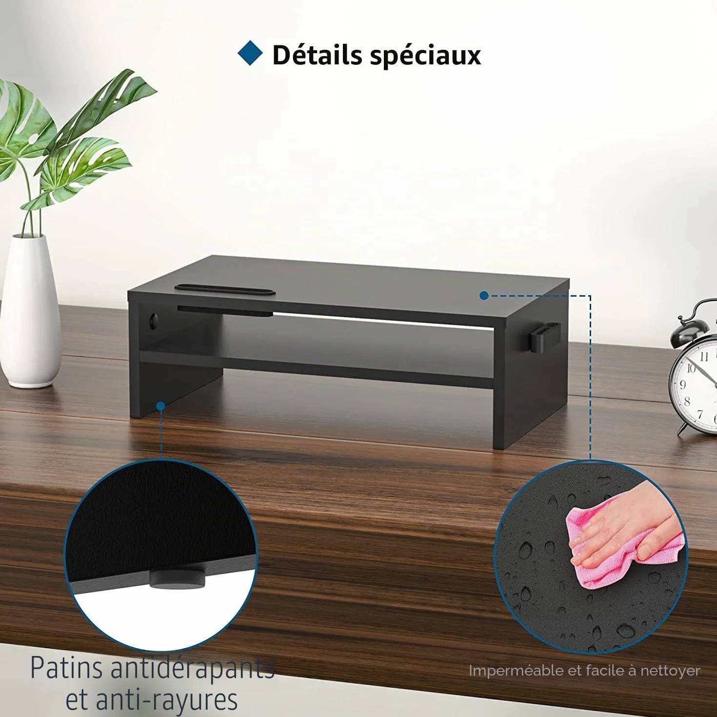 BONTEC Support Ordinateur en Bois Noir 2 Niveaux avec Gestion des Cables et Fente pour Telephone