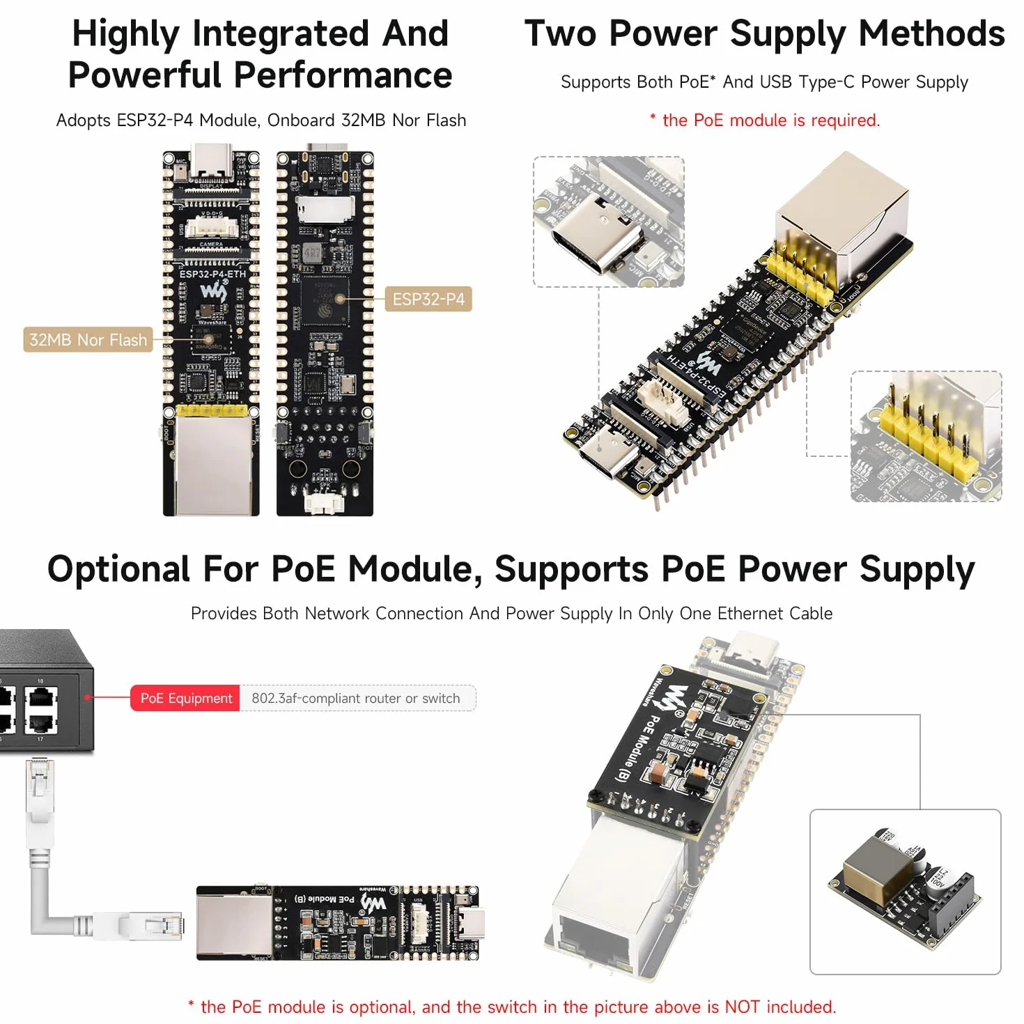 Waveshare ESP32-P4-ETH Development Board, ESP32-P4, 100 Mbps RJ45 Ethernet, PoE Module, 3 Items