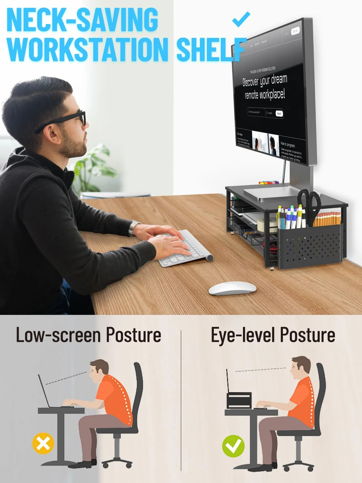 MOWETOO Support moniteur 2 niveaux avec tiroir et porte-stylo