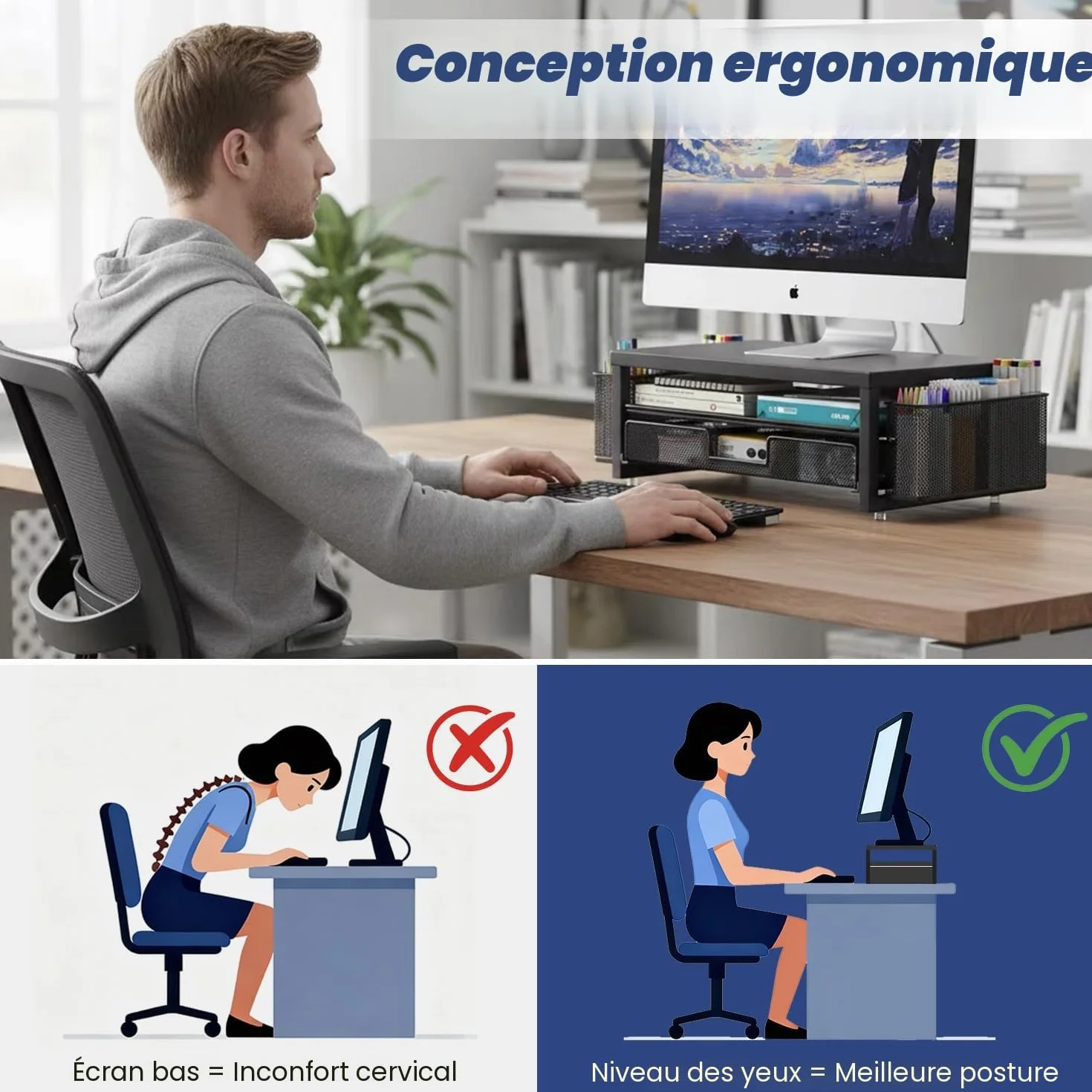 Support Moniteur Bureau avec Tiroir, Métal Rehausseur Écran PC, Organisateur Bureau Noir