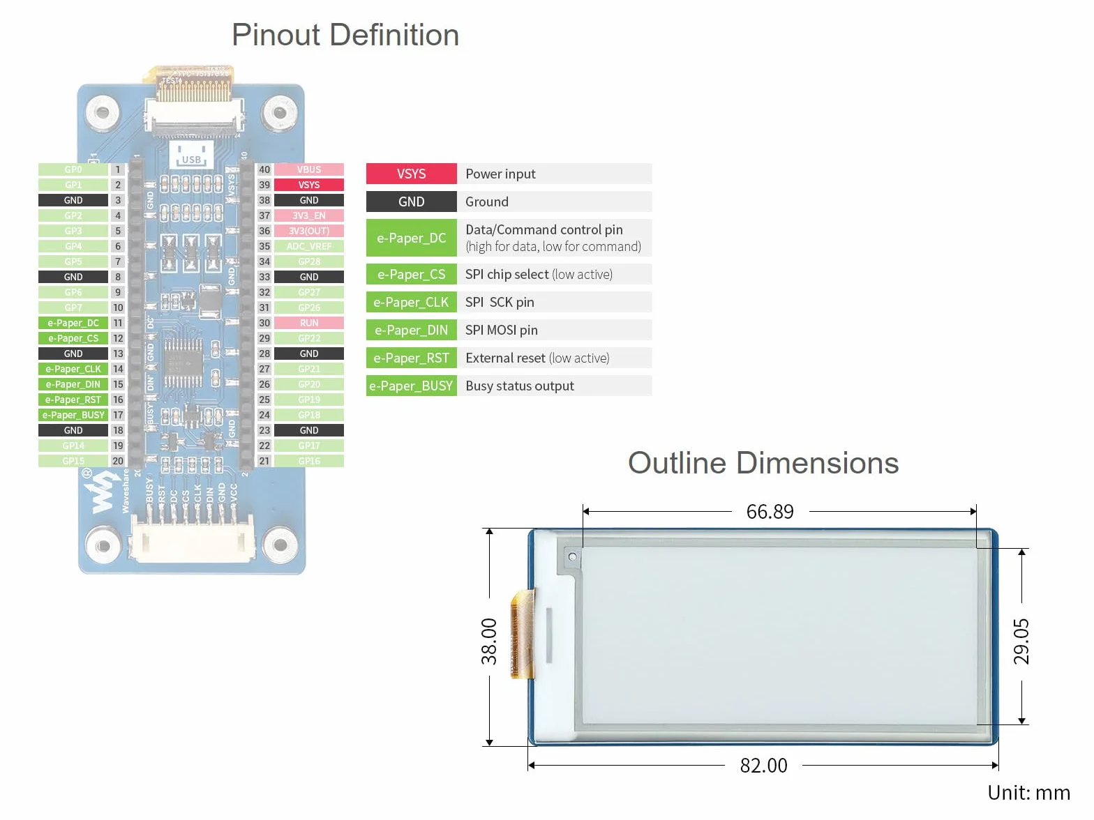 Waveshare 2.9inch E-Paper E-Ink Display Module 296x128 Pixels SPI Interface for Raspberry Pi Pico