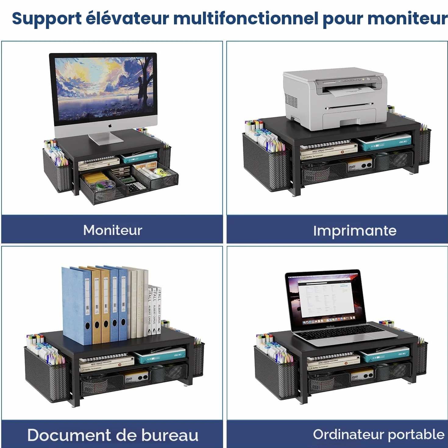 Support Moniteur Bureau avec Tiroir, Métal Rehausseur Écran PC, Organisateur Bureau Noir