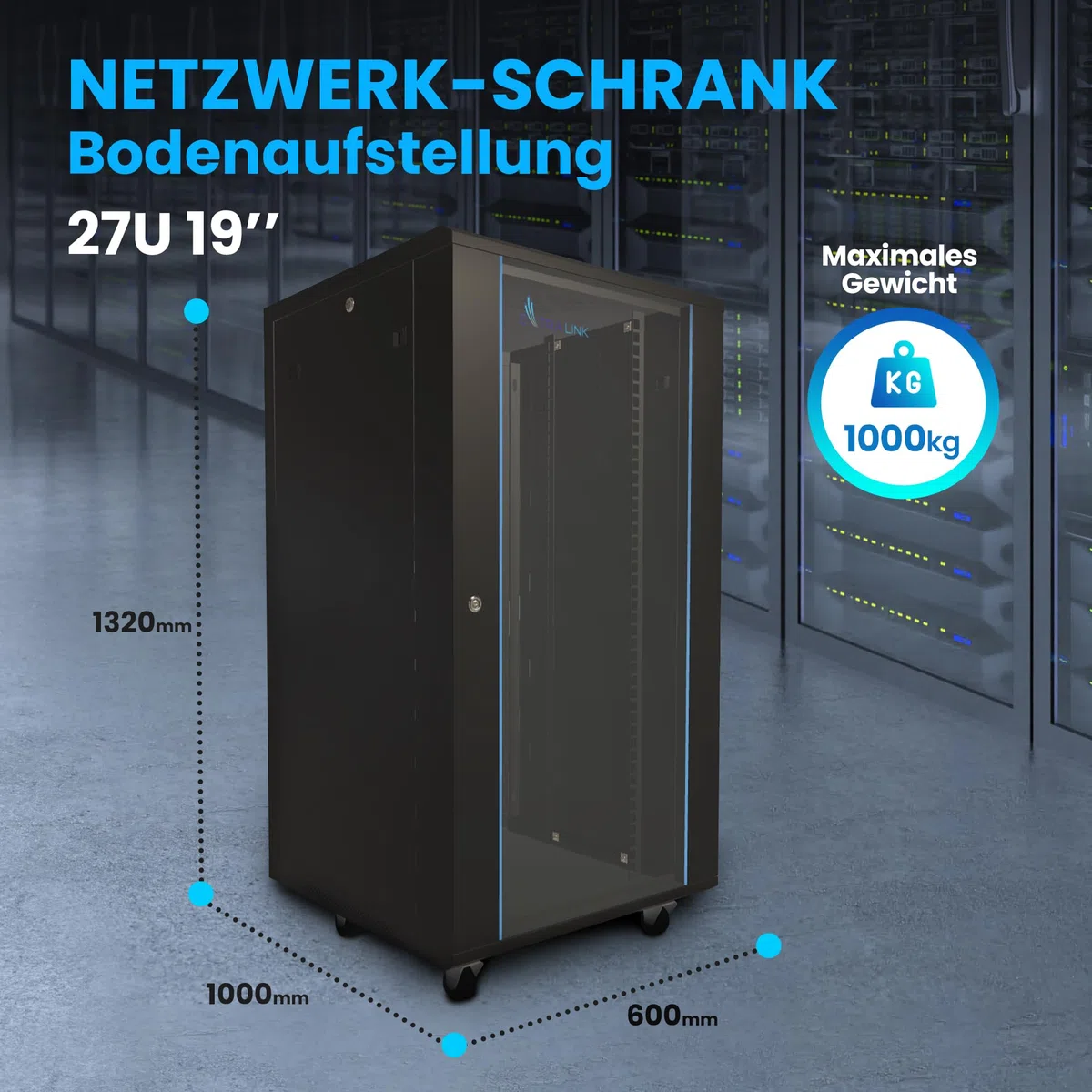 Extralink Baie de Brassage Rack 19 Pouces 27U 600x1000 – Autoportante, Panneaux Latéraux Amovibles, Verre Trempé – à Monter Soi-Même – pour Commutateurs, Onduleurs et Serveurs – Noire