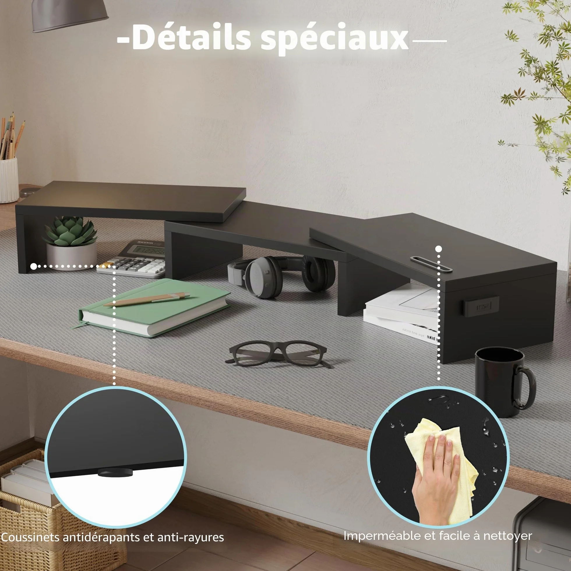 BONTEC Support Moniteur Double Réglable en Bois Noir