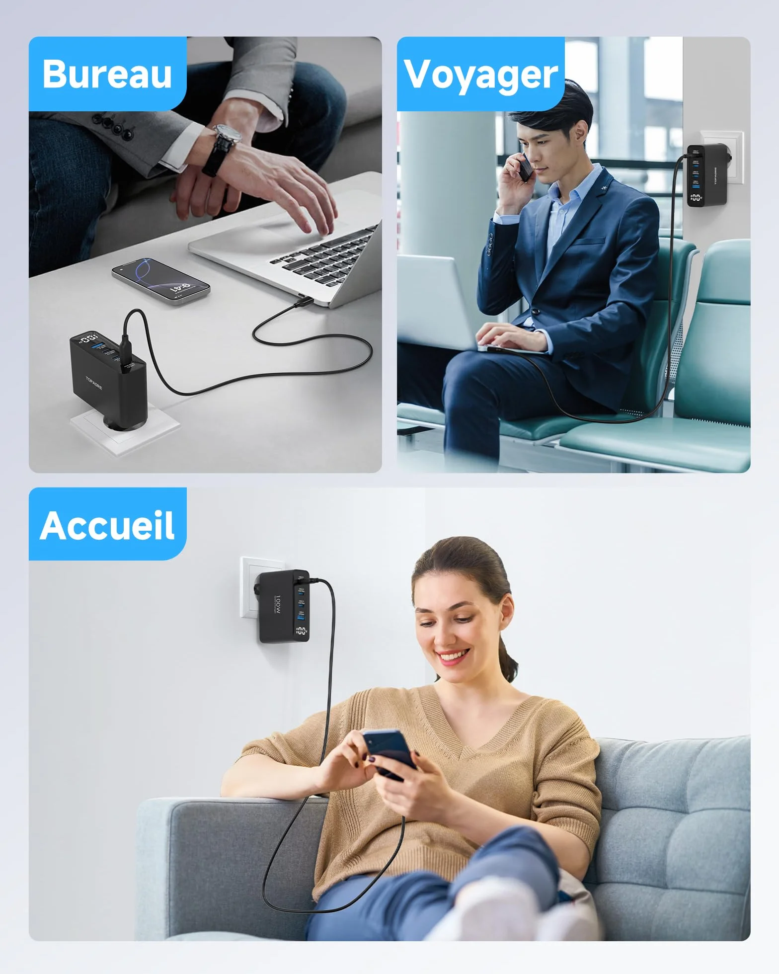 Chargeur USB C 100W GaN 4 Ports Rapide Multiport Noir Compatible iPhone 16 15 Pro Max MacBook Air Pro iPad Air Galaxy S25 S24