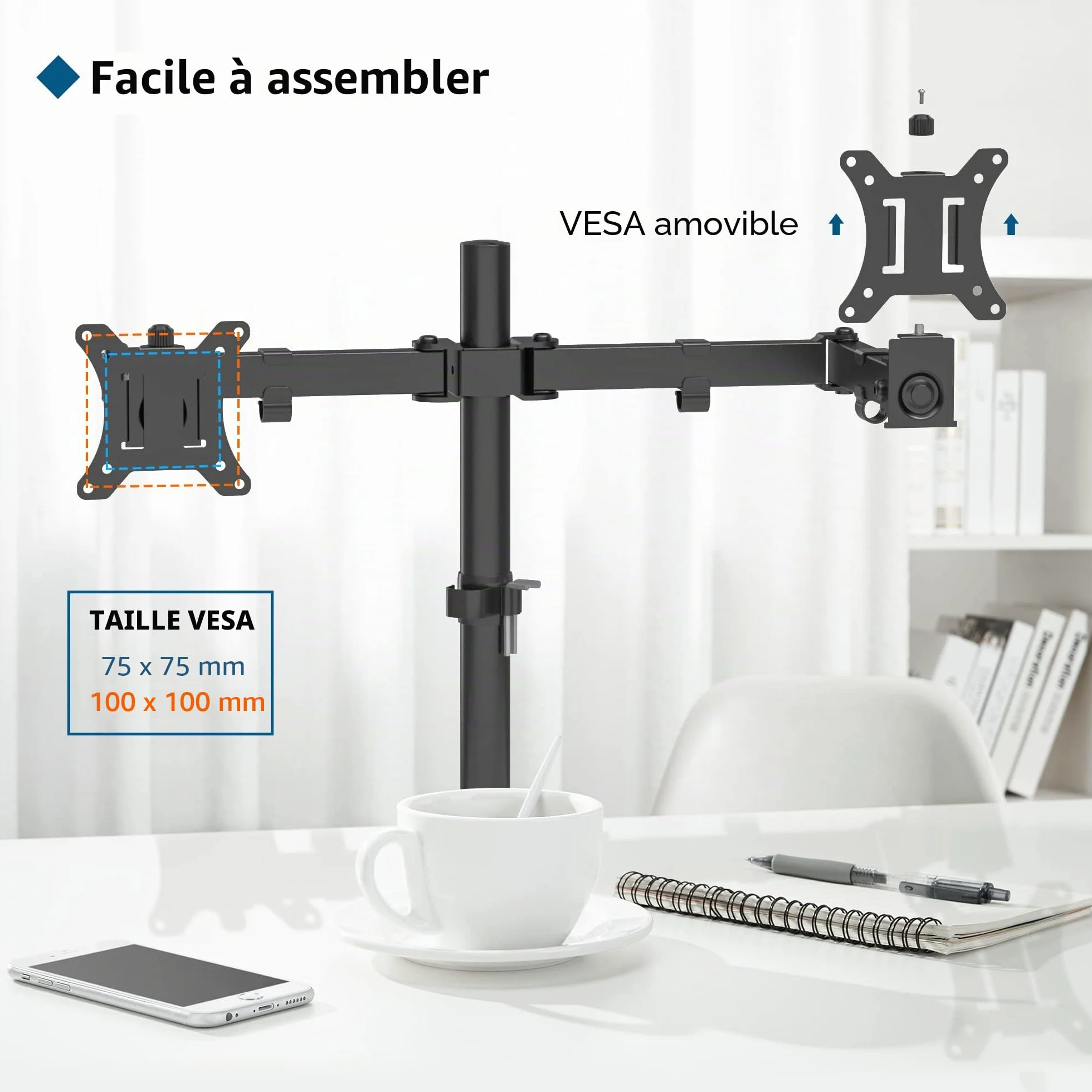 BONTEC Support Ecran PC 2 Ecran pour Moniteurs 13-32 Pouces, Bras Réglable en Hauteur, Rotatif, Pivotant, Inclinable, Charge 10kg par Bras, VESA 75/100