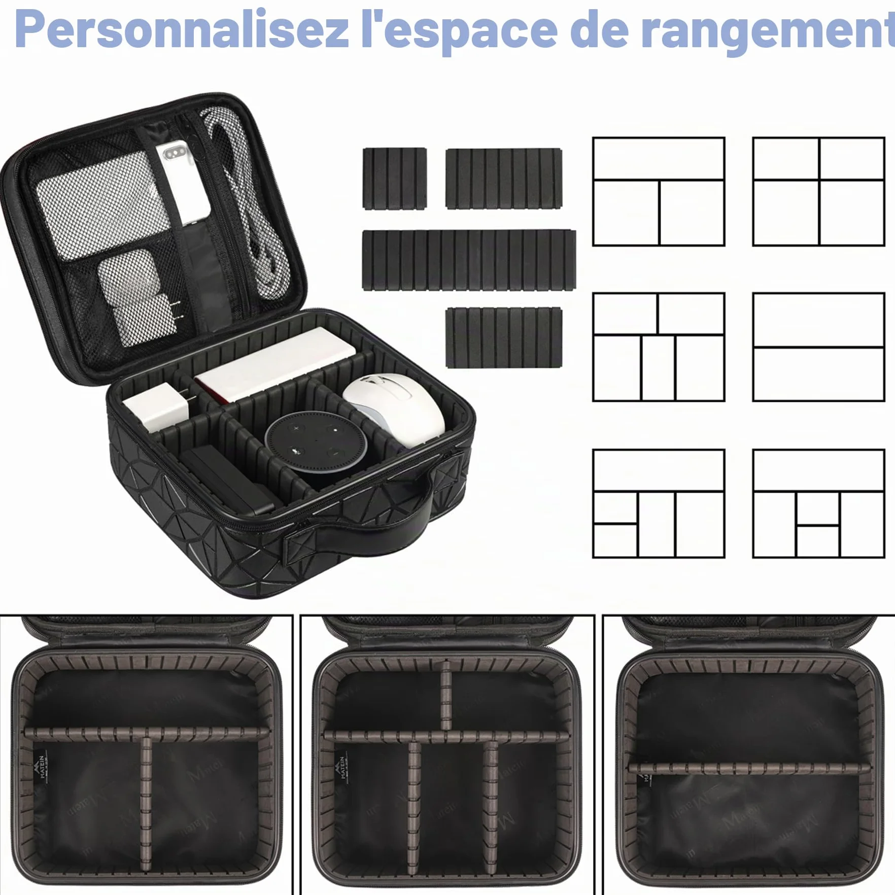 MATEIN Sac de Rangement de câbles étanche avec séparateur réglable résistant aux Chocs Portable Double Couche pour Cordon écouteurs Chargeur