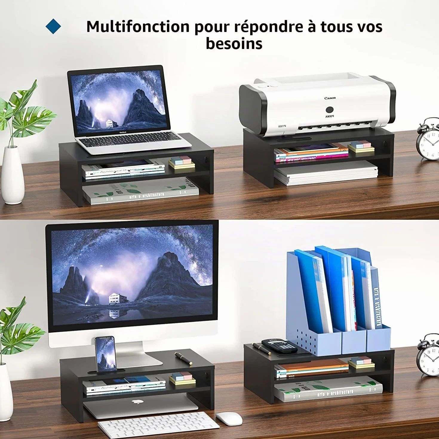 BONTEC Support Ordinateur en Bois Noir 2 Niveaux avec Gestion des Cables et Fente pour Telephone