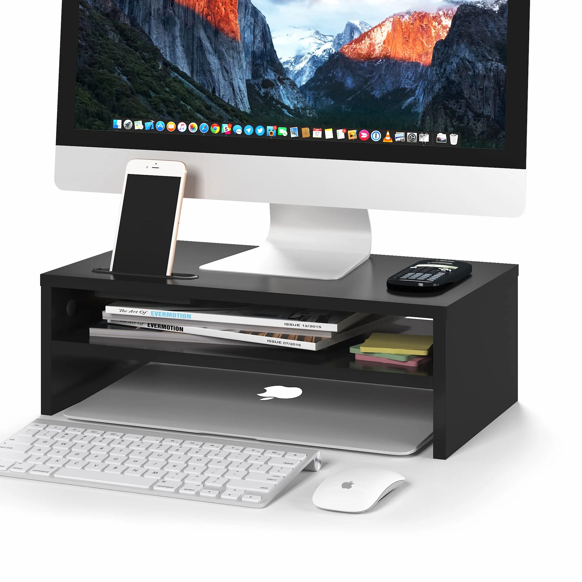 BONTEC Support Ordinateur en Bois Noir 2 Niveaux avec Gestion des Cables et Fente pour Telephone