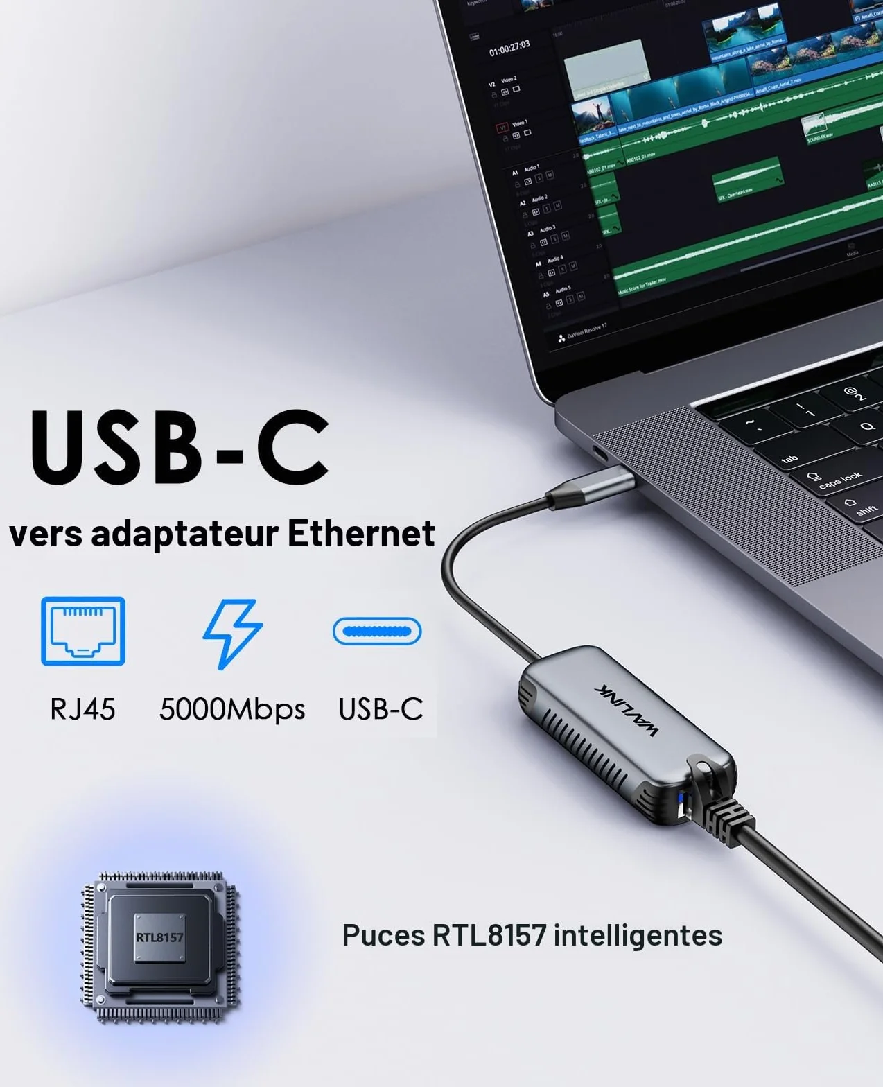 WAVLINK Adaptateur USB C vers Ethernet 5Gbps, Réseau Gigabit RJ45 sans Pilote