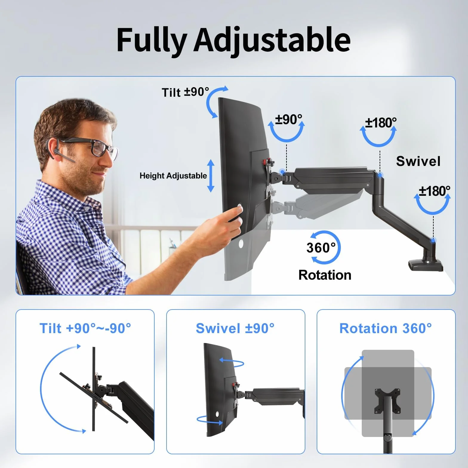 Suptek Bras de Moniteur à Ressort à Gaz pour Écran PC LCD LED 13-32 Pouces, VESA 75/100 mm, Inclinable ±90°, Rotation 360°, Capacité 2-9 kg