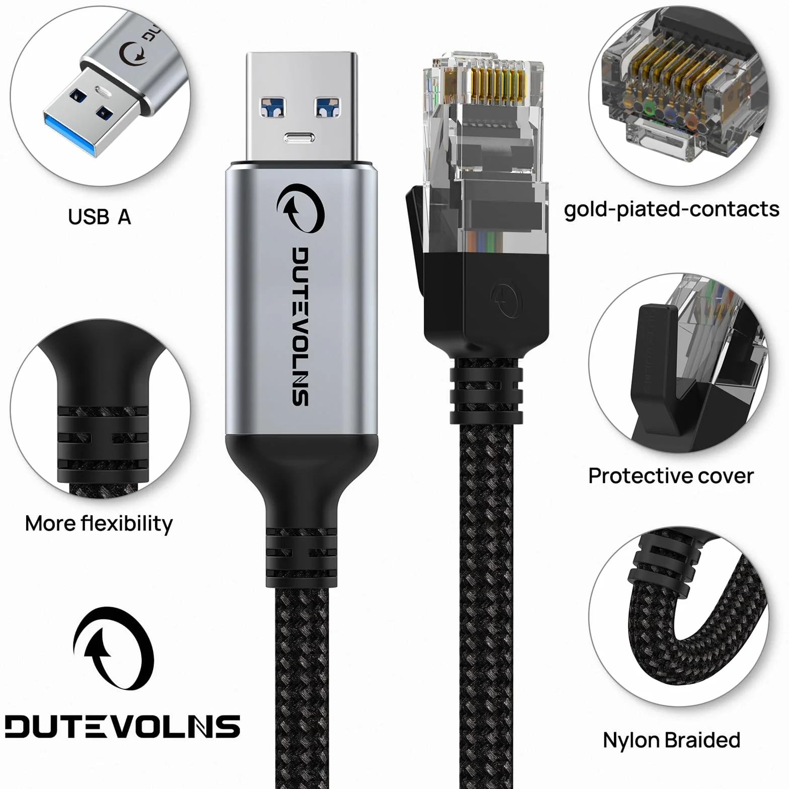 Câble USB vers Ethernet 5m USB-A 3.0 Mâle RJ45 Mâle Nylon 1 Gbit Transfert Données Gigabit