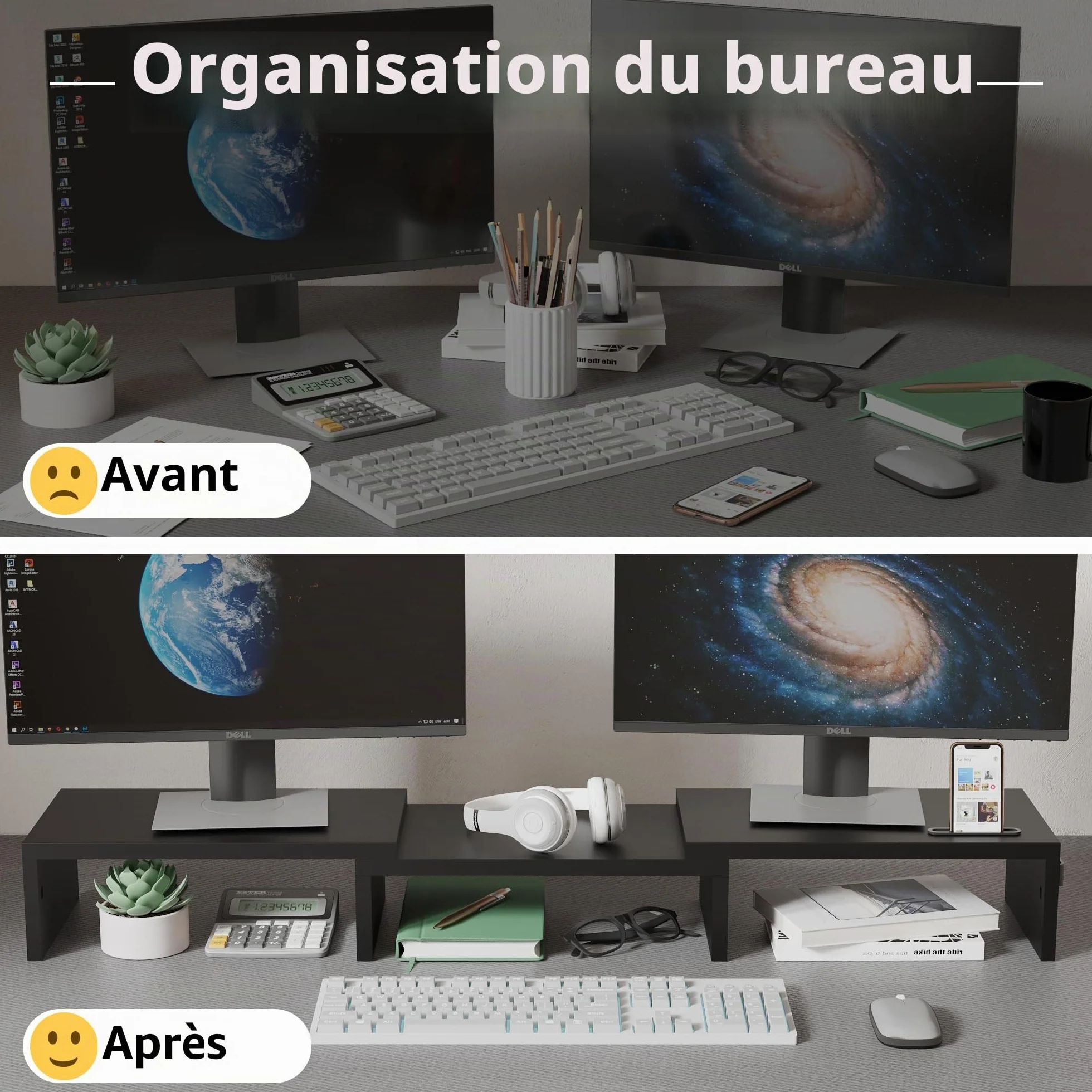 BONTEC Support Moniteur Double Réglable en Bois Noir