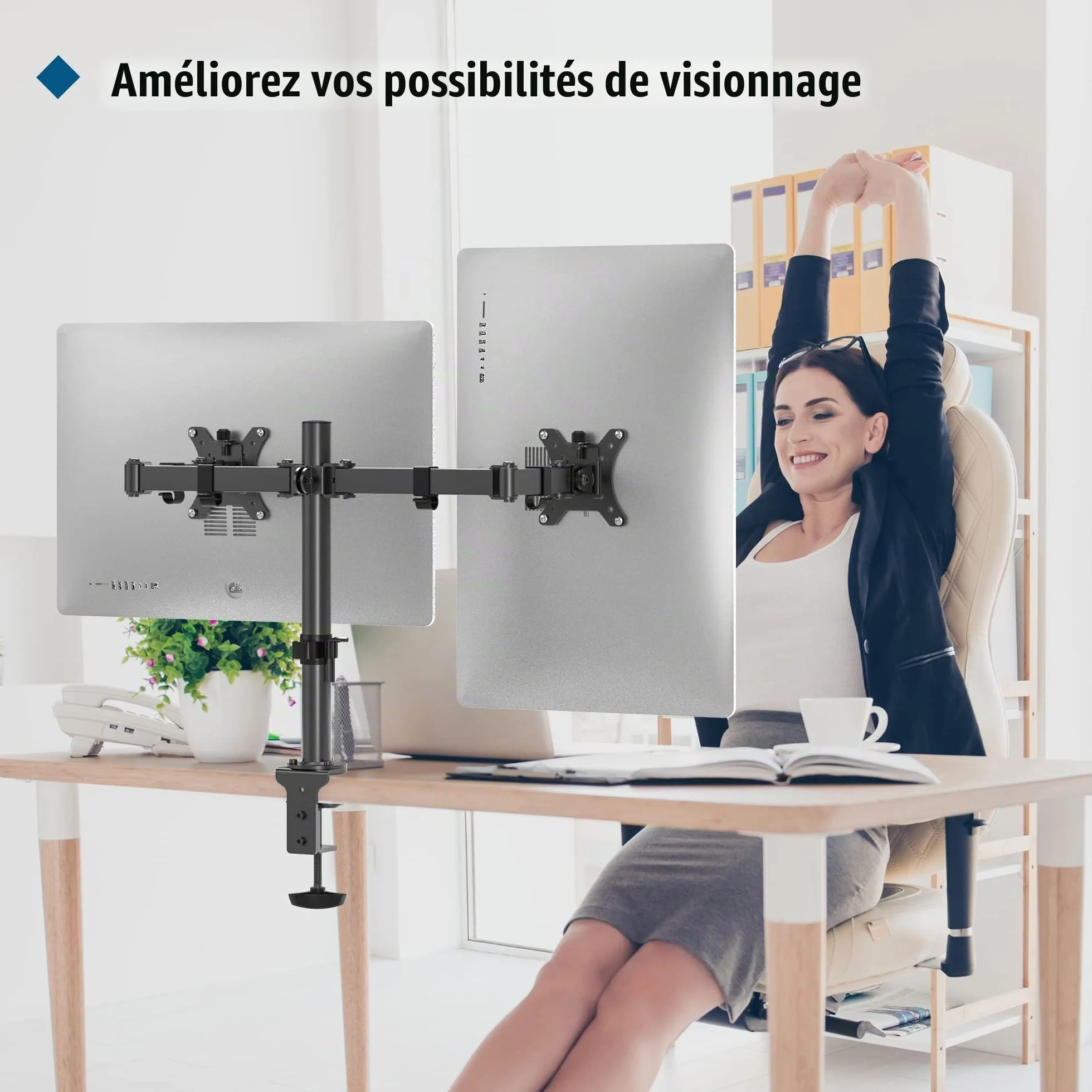 BONTEC Support Ecran PC 2 Ecran pour Moniteurs 13-32 Pouces, Bras Réglable en Hauteur, Rotatif, Pivotant, Inclinable, Charge 10kg par Bras, VESA 75/100