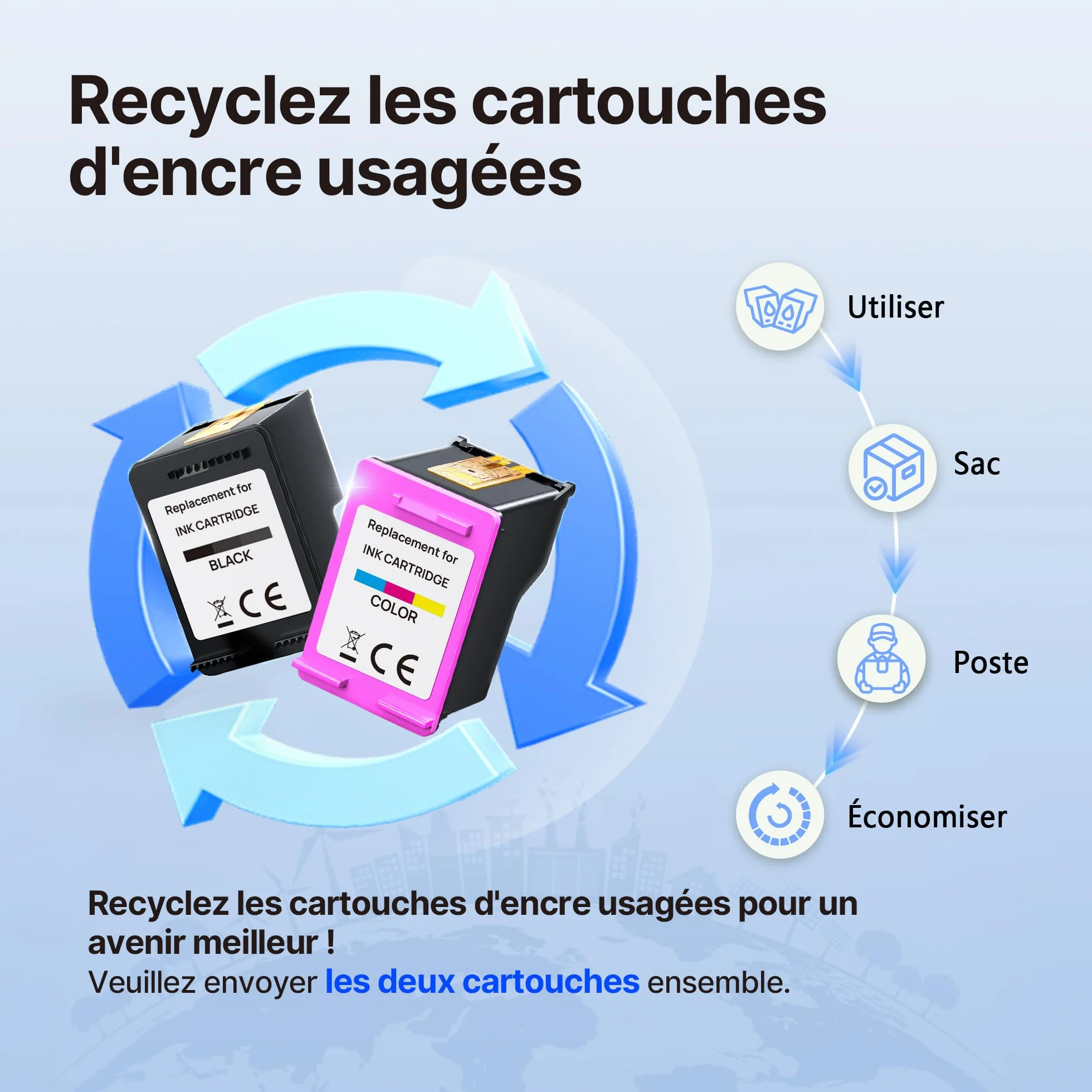Cartouche Encre HP 302 XL Remplacement Noir et Couleur pour DeskJet 3639 3630 3632 3636 Envy 4520 4527 4525 4524 OfficeJet 3831 3833 3830