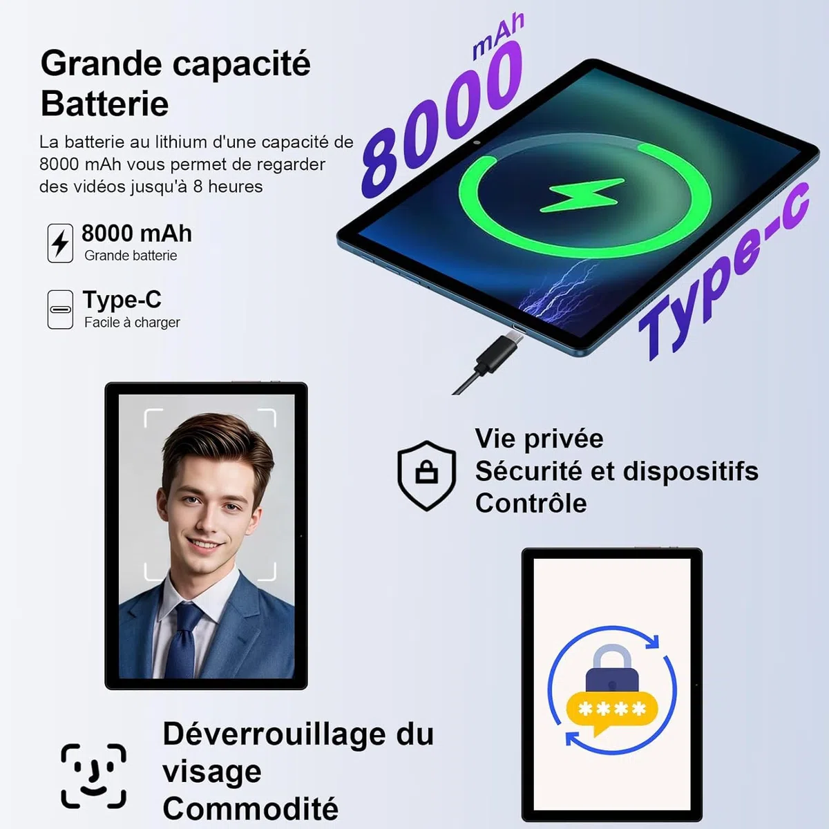 fezawio Tablette Tactile 10 Pouces Android 14, 22Go RAM+128Go ROM(Extensible 1To)|5MP+8MP|5G Wi-FI|Certifié Widevine L1|Processeur Octa-Core|8000mAh|Clavier+Souris+Coque de Protection Inclus (Bleu)
