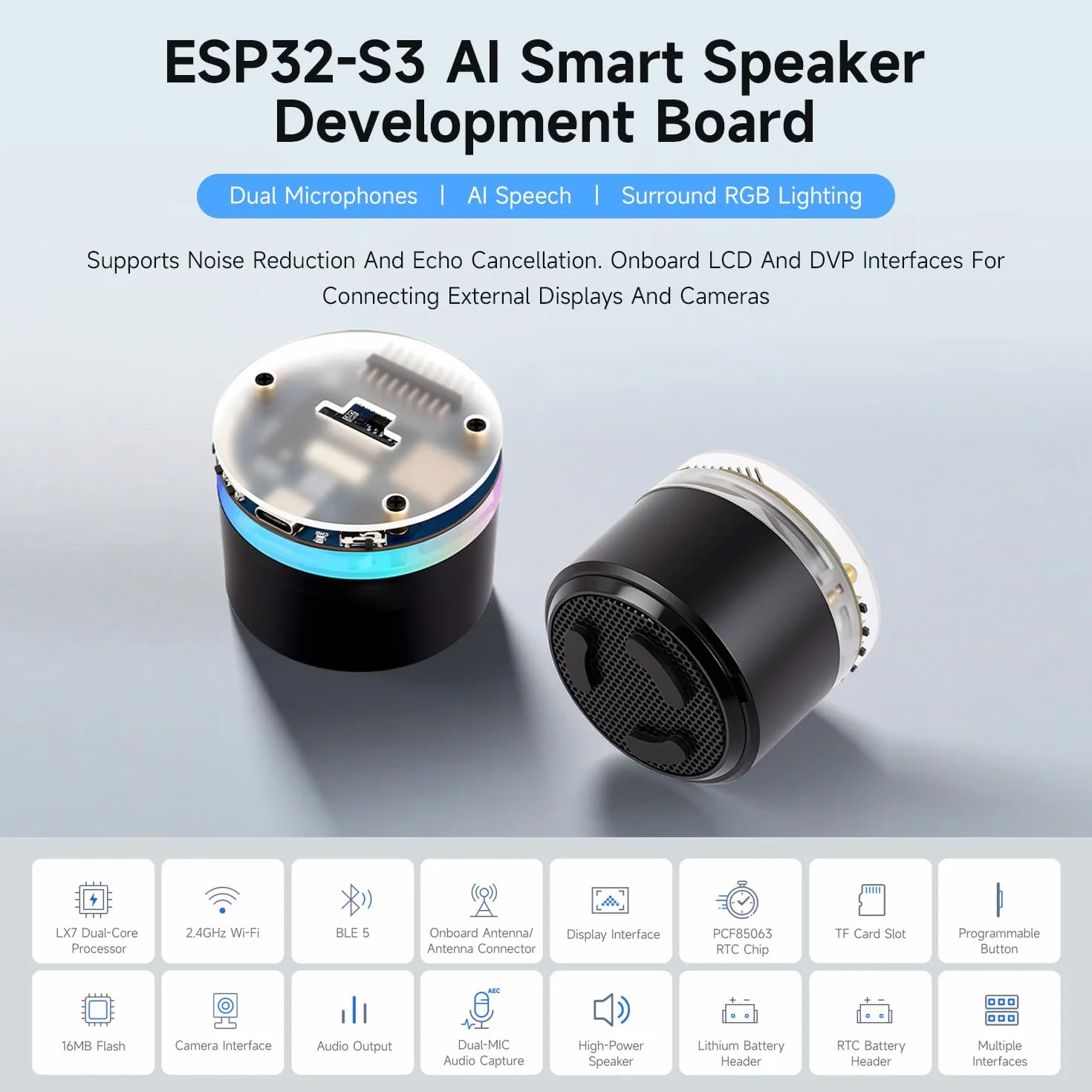 Waveshare ESP32-S3 AI Smart Speaker Development Board, Dual Microphones, Noise Reduction, RGB Lighting