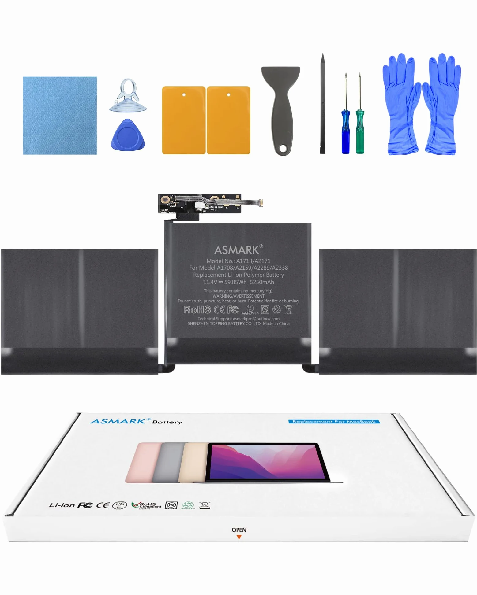 ASMARK Batterie MacBook Pro A1708 pour 13 Pouces A1708(2016,2017) A2159(2019) A2289(2020) A2338(2020,2022) A2171/A1713 Battery
