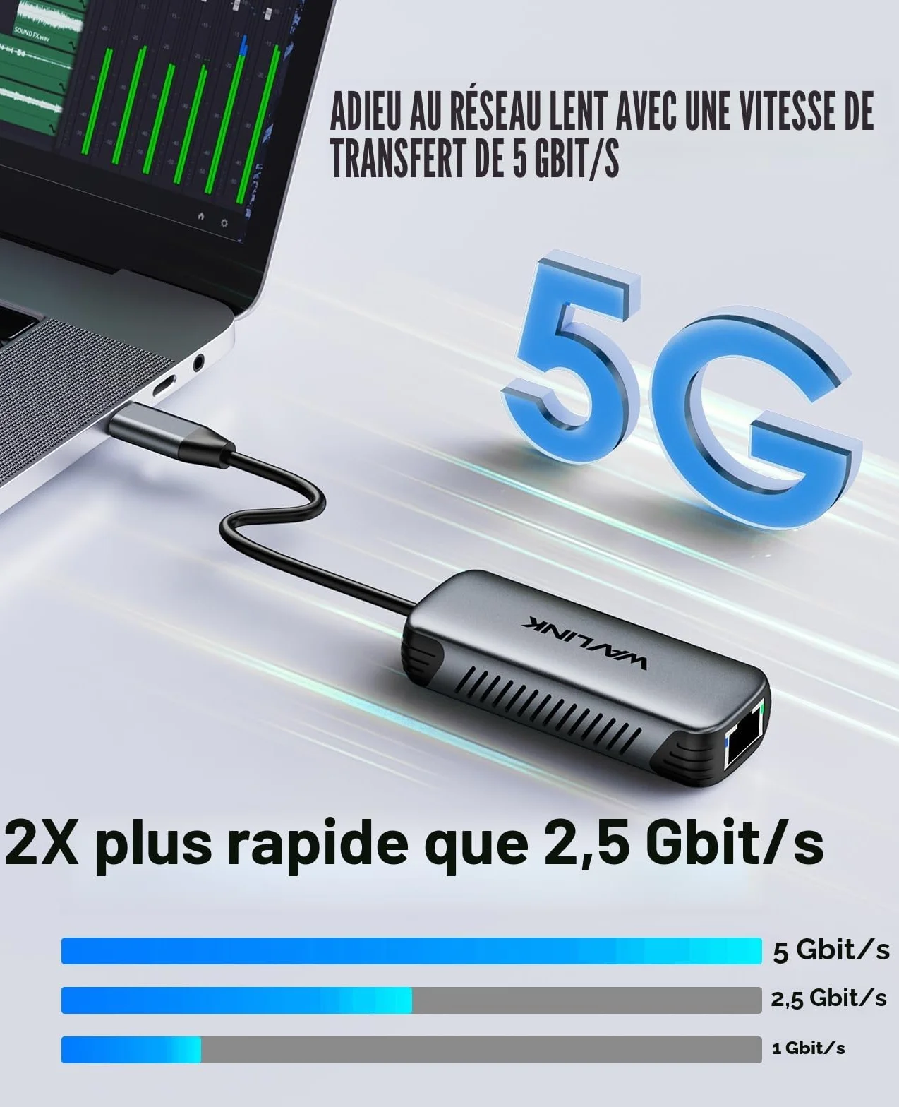 WAVLINK Adaptateur USB C vers Ethernet 5Gbps, Réseau Gigabit RJ45 sans Pilote