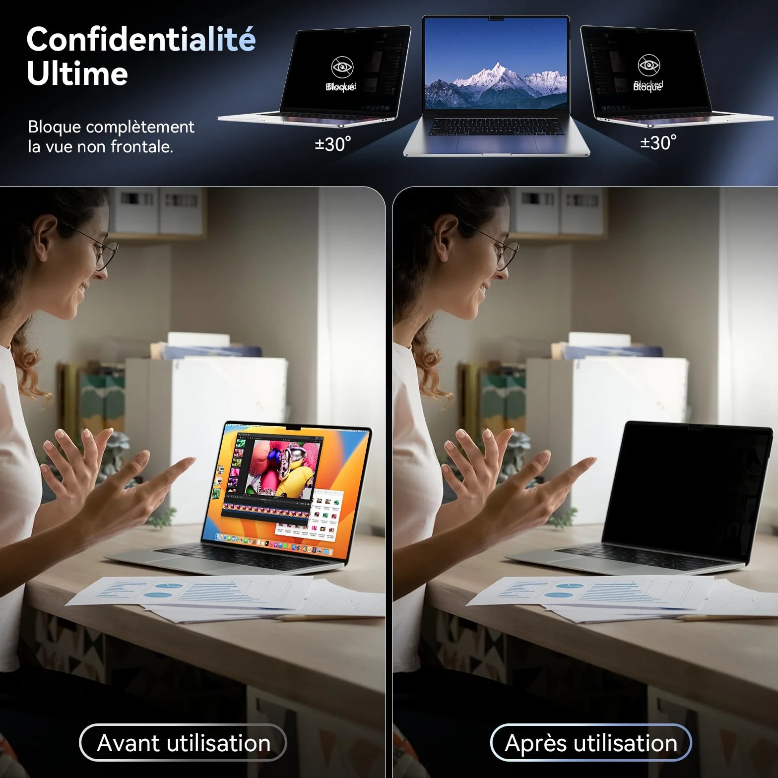 Filtre de Confidentialité MacBook Air 13.6 Pouces M2 M3 M4 M5 Amovible Anti Espion Lumière Bleue