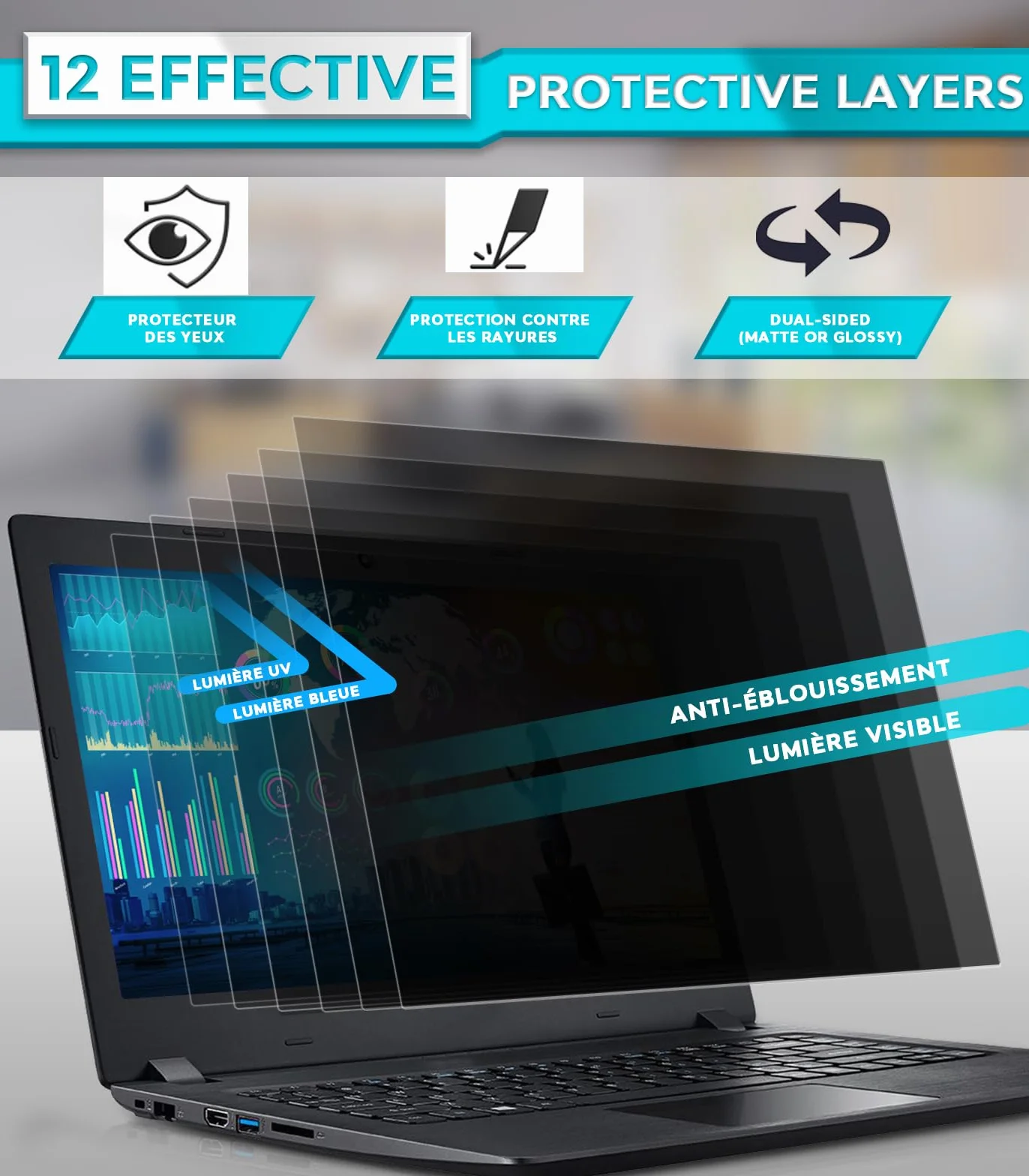 PYS Filtre écran Confidentialité 15,6 Pouces 16:9 Anti Espion Anti-Lumière Bleu Compatible HP Dell Acer Lenovo Thinkpad Samsung ASUS