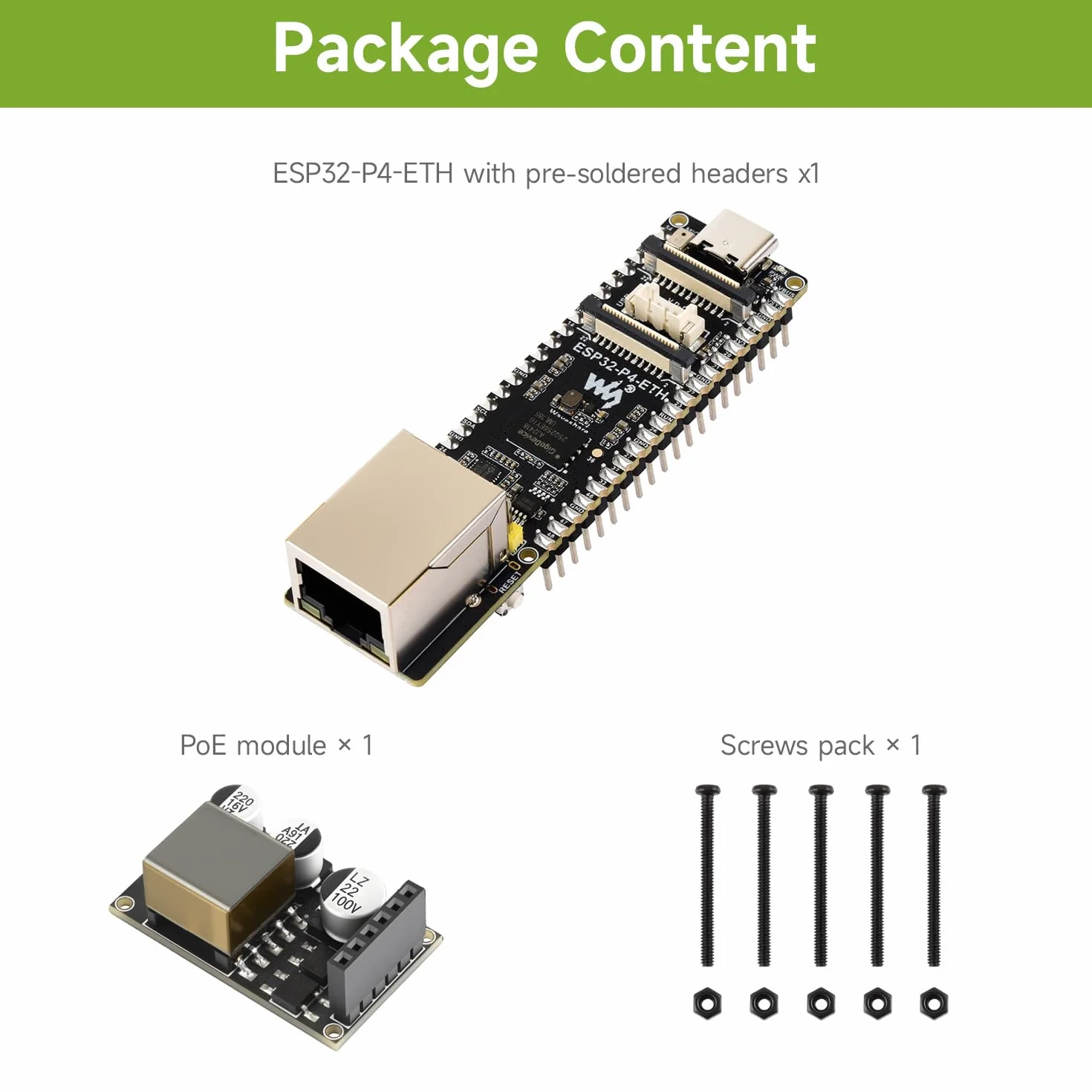 Waveshare ESP32-P4-ETH Development Board, ESP32-P4, 100 Mbps RJ45 Ethernet, PoE Module, 3 Items