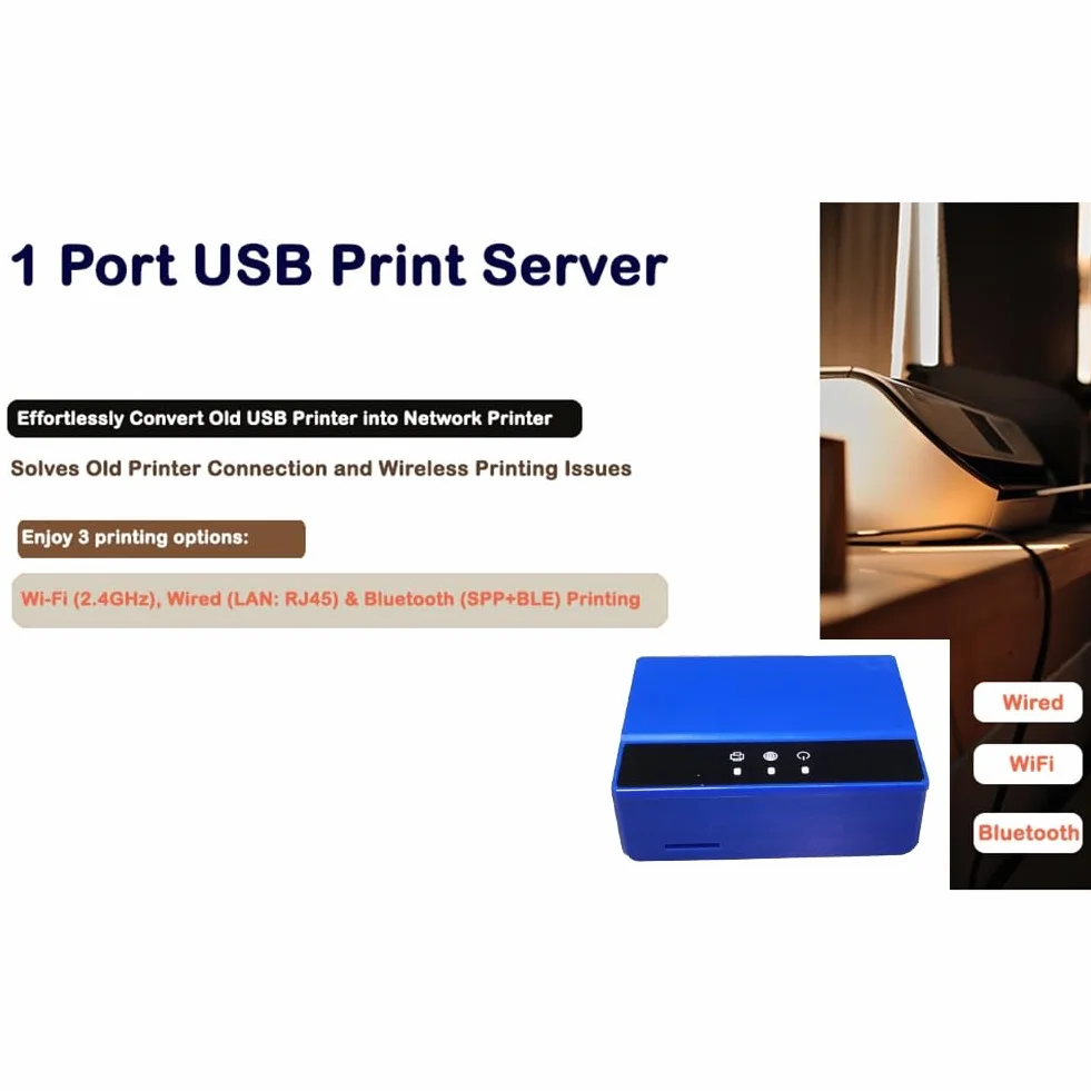 Serveur d'impression Bluetooth Ethernet WiFi, Transformez votre imprimante USB en sans fil, Prise UE