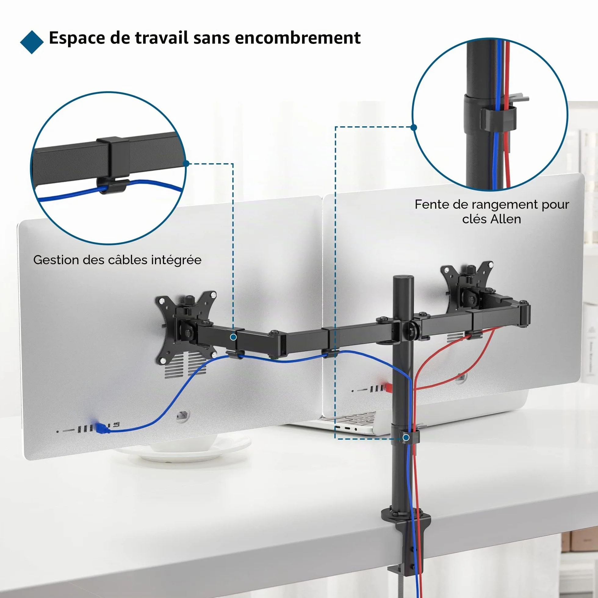 BONTEC Support Ecran PC 2 Ecran pour Moniteurs 13-32 Pouces, Bras Réglable en Hauteur, Rotatif, Pivotant, Inclinable, Charge 10kg par Bras, VESA 75/100