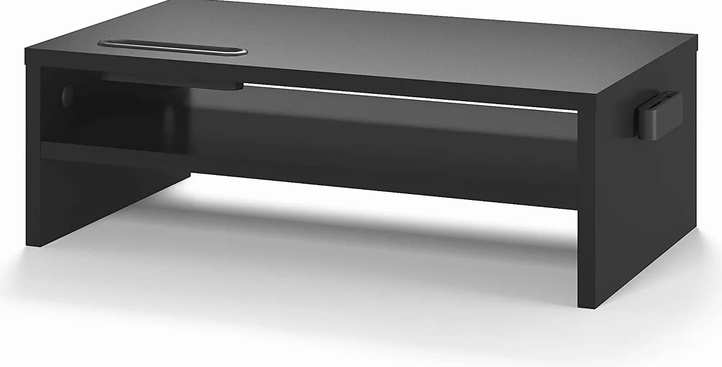 BONTEC Support Ordinateur en Bois Noir 2 Niveaux avec Gestion des Cables et Fente pour Telephone