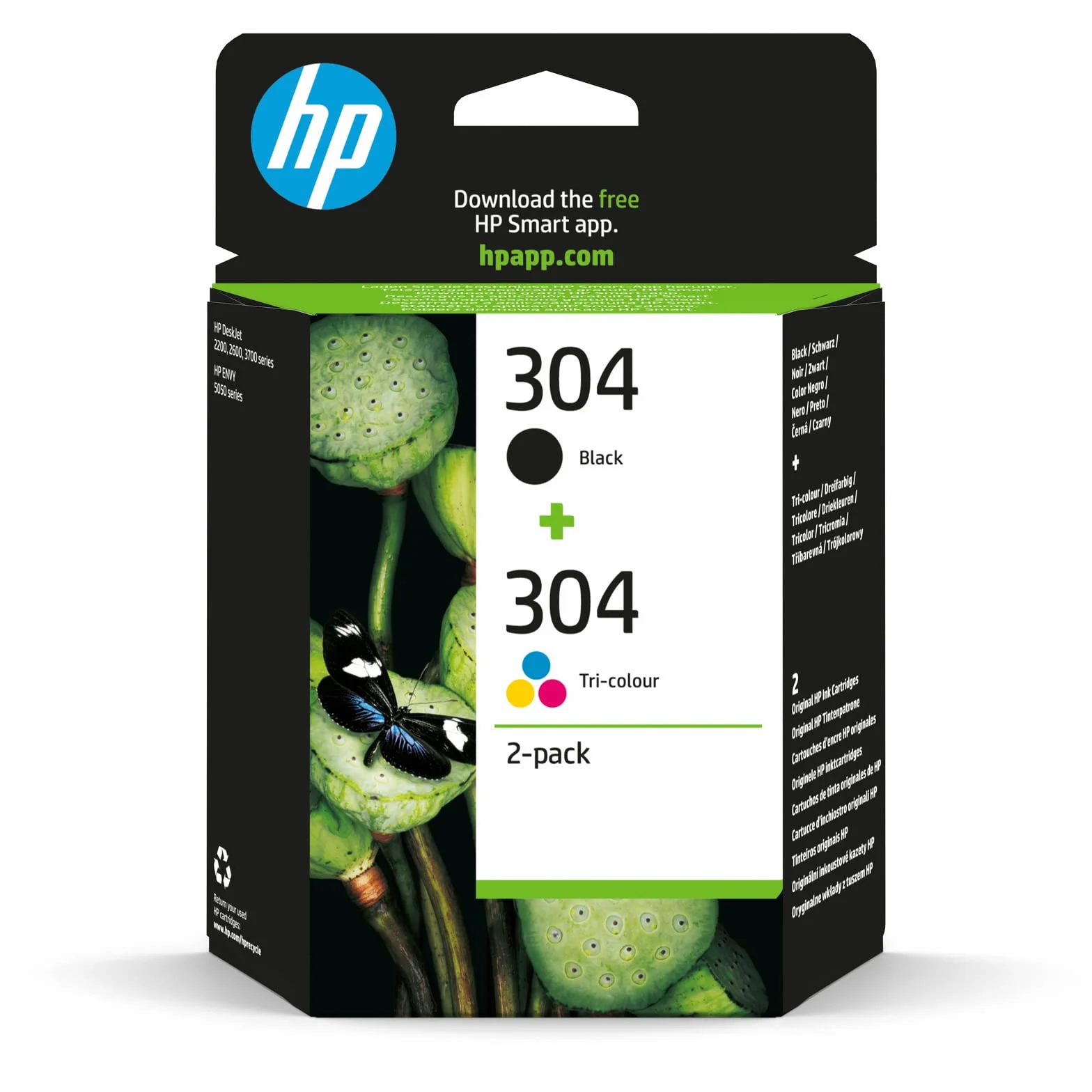 HP 304 Cartouches d'Encre Originales Pack de 2, 3JB05AE, Noir Cyane Jaune Magenta, Compatible DeskJet 2630 3733 2632 2633 ENVY 5020 2622 2634